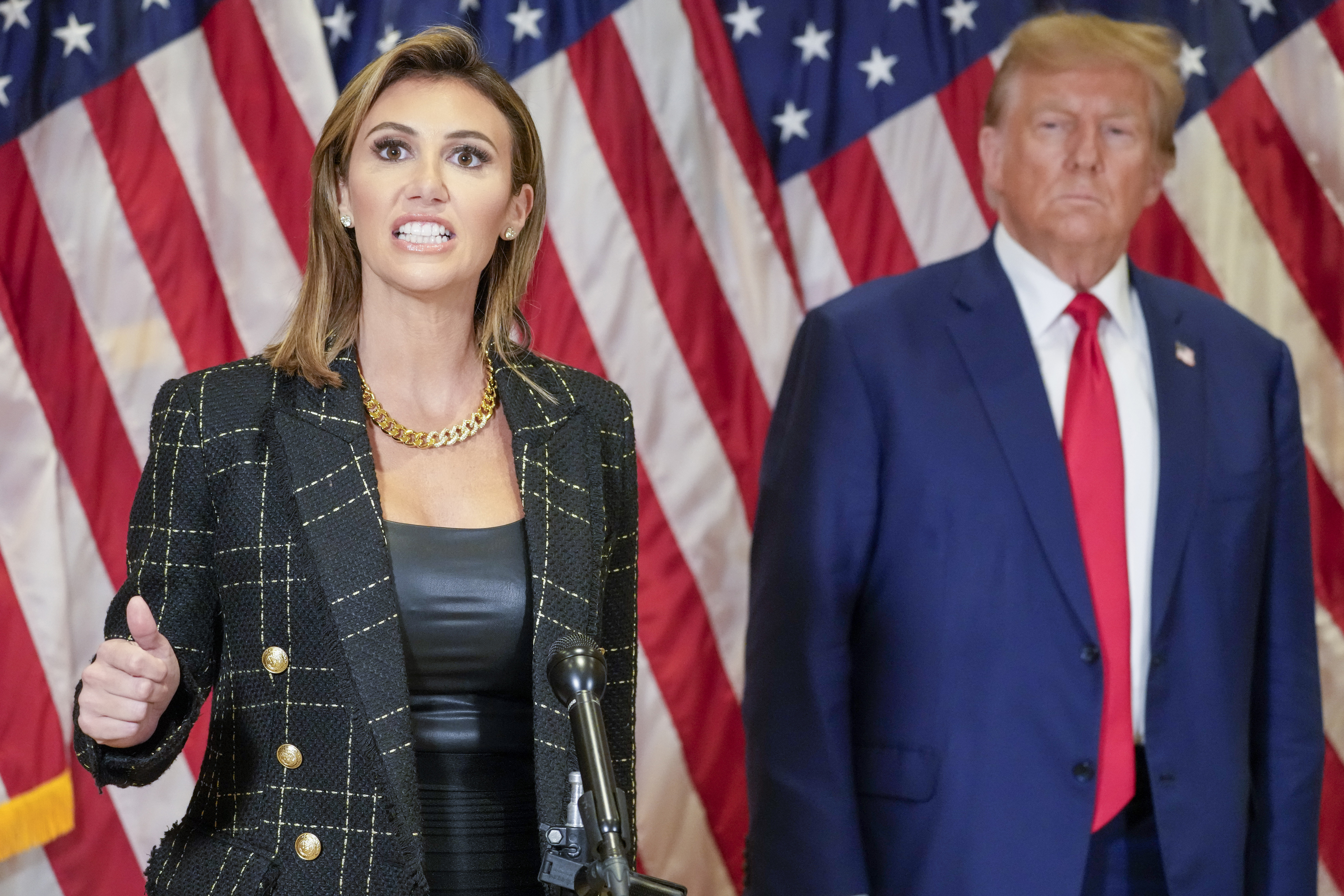 A federal court ordered Donald Trump, right, and his lawyer, Alina Habba, left, in a 2016 election-related lawsuit to pay defendants’ attorney fees totaling $938,000. Both are appealing.<br />(Mary Altaffer / AP Photo)