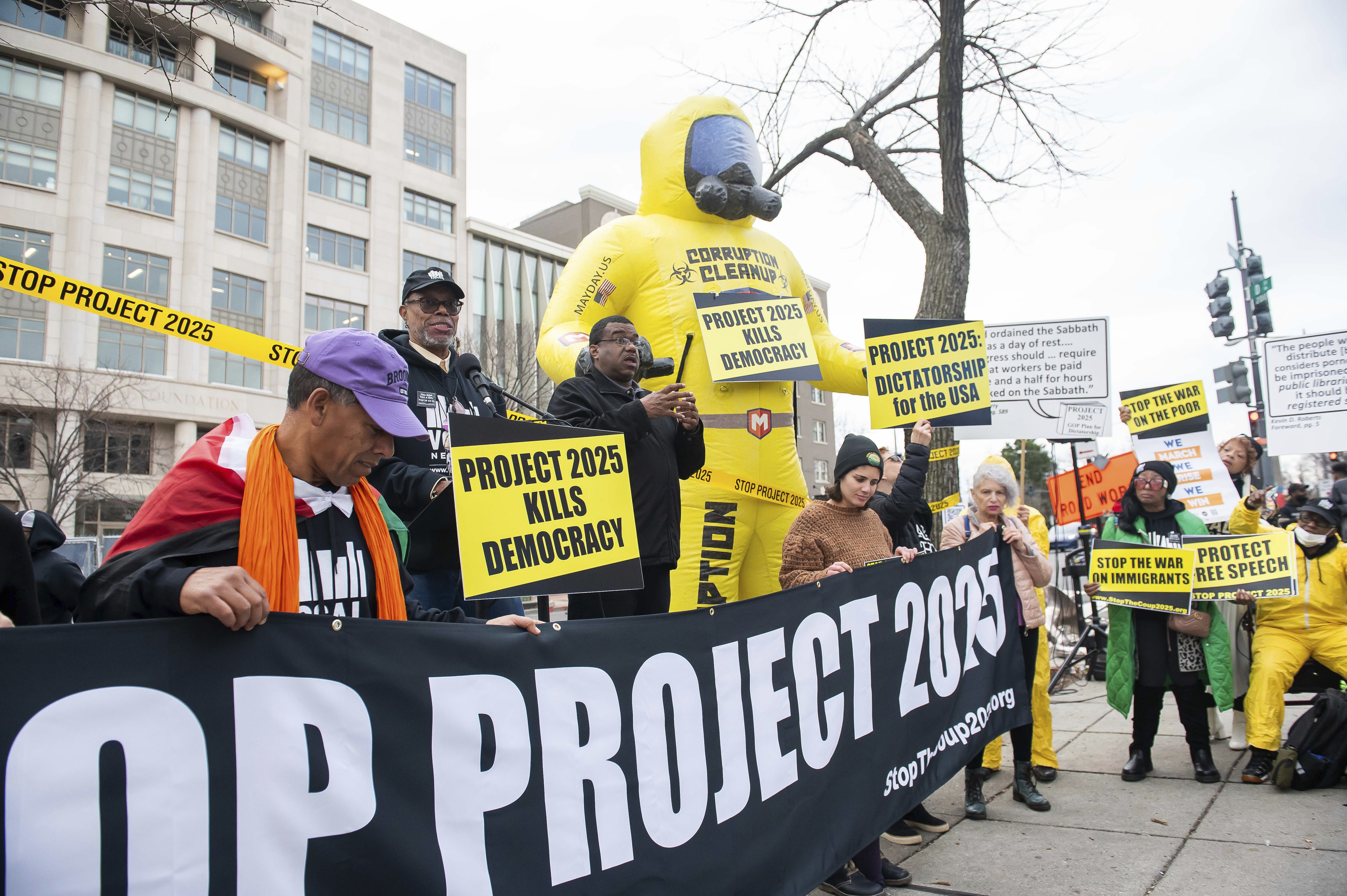 Reginald Brown, Board Chair, VOCAL discusses the threats of the Heritage Foundation&#039;s Project 2025. Rally message: &quot;No Day One Dictator! Stop Project 2025!&quot; on Saturday, Jan. 27th, 2024 in Washington.<br />(Joy Asico-Smith / AP Photo / Images for Center for Popular Democracy)