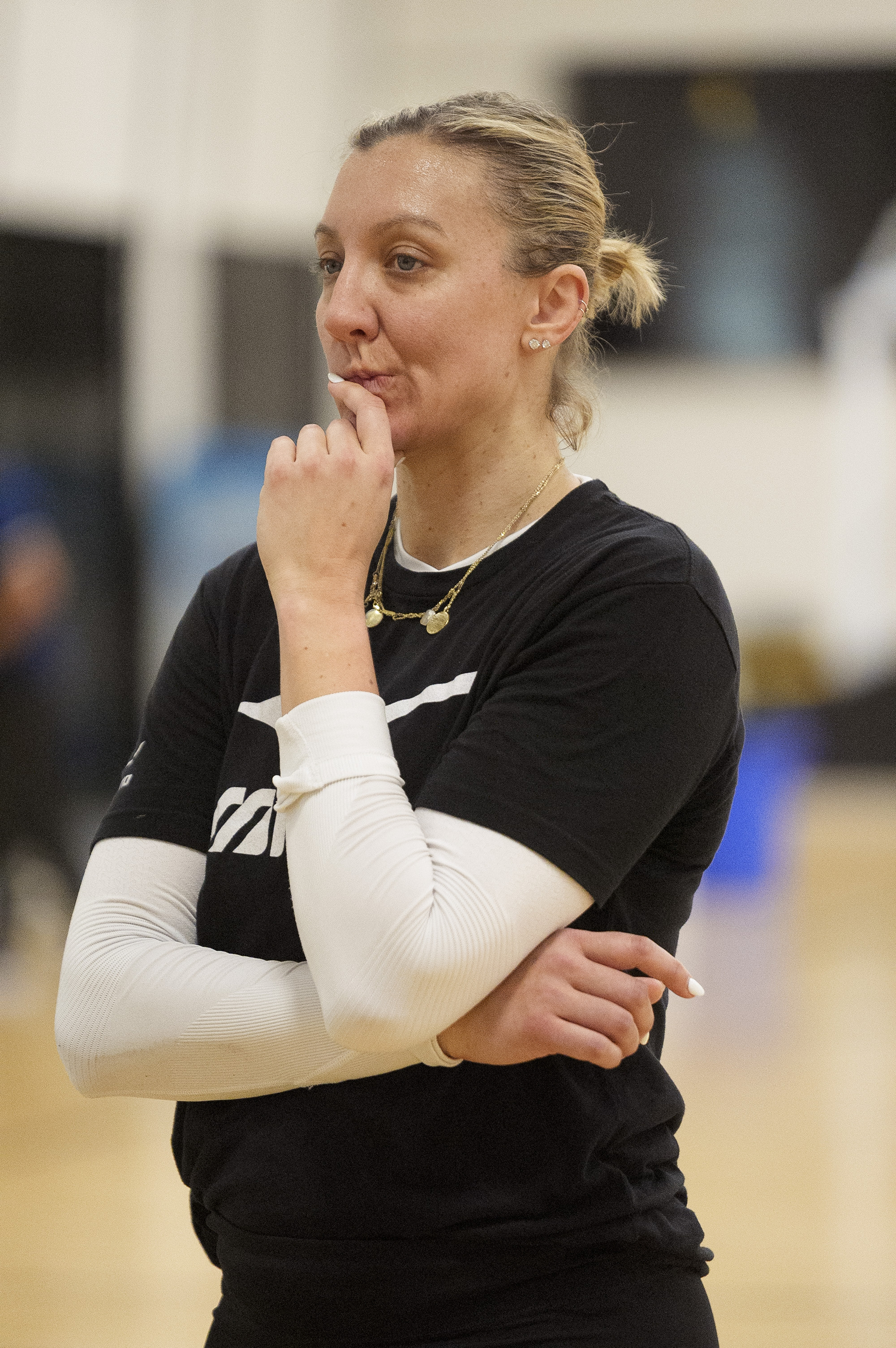 Four-time Olympian Jordan Larson pauses during training with the USA Volleyball Spring Training Camp at Open Gym Premier in Anaheim, Calif., on March 12, 2024.<br />(Damian Dovarganes / AP Photo)