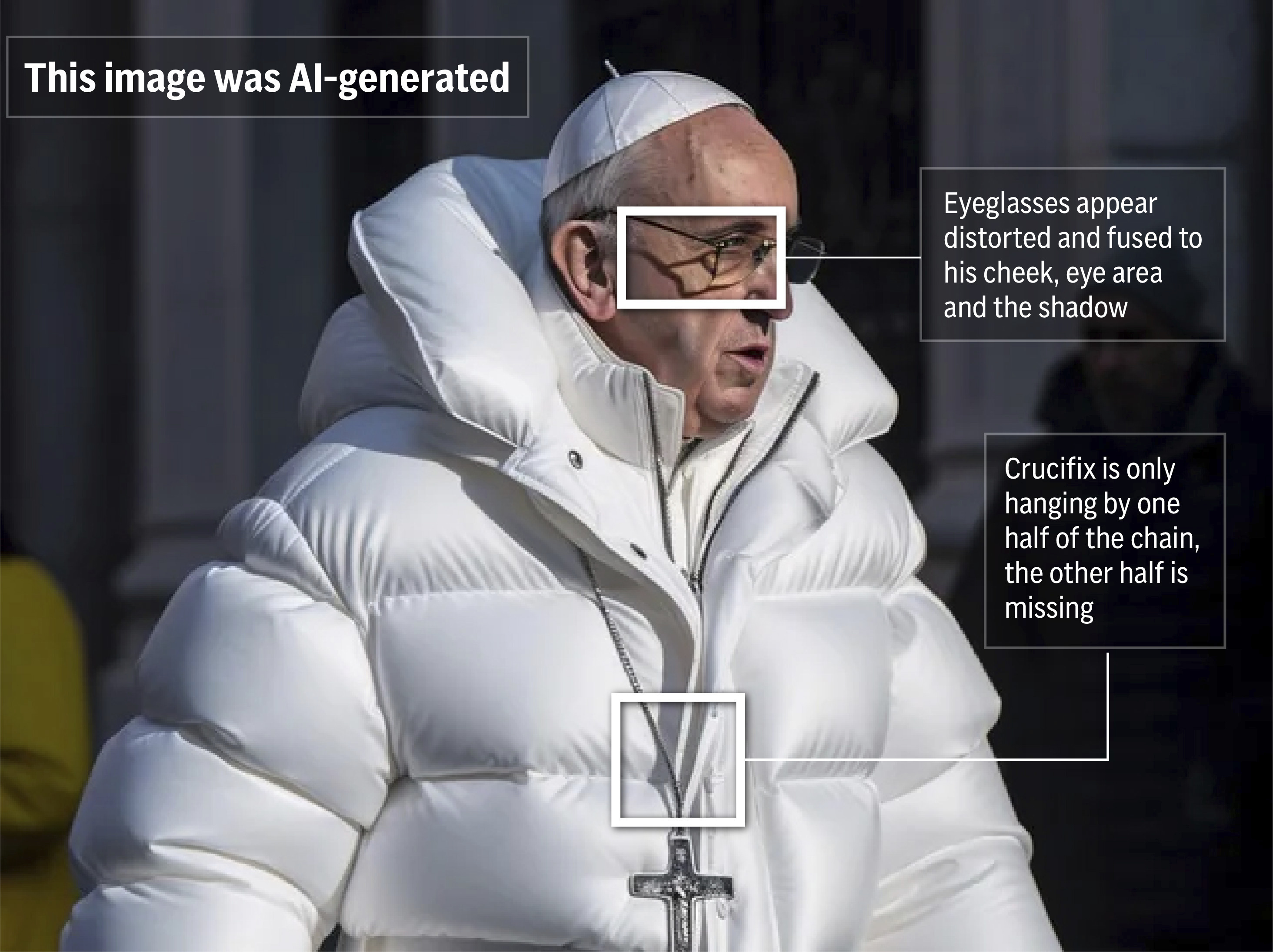 AI fakery is quickly becoming one of the biggest problems confronting us online. With AI deepfakes cropping up almost every day, depicting everyone from Taylor Swift to Donald Trump, it’s getting harder to tell what’s real from what’s not. The following photo-illustrated graphic highlights a few notable areas of an AI-deepfake of Pope Francis.<br />(AP Photo)