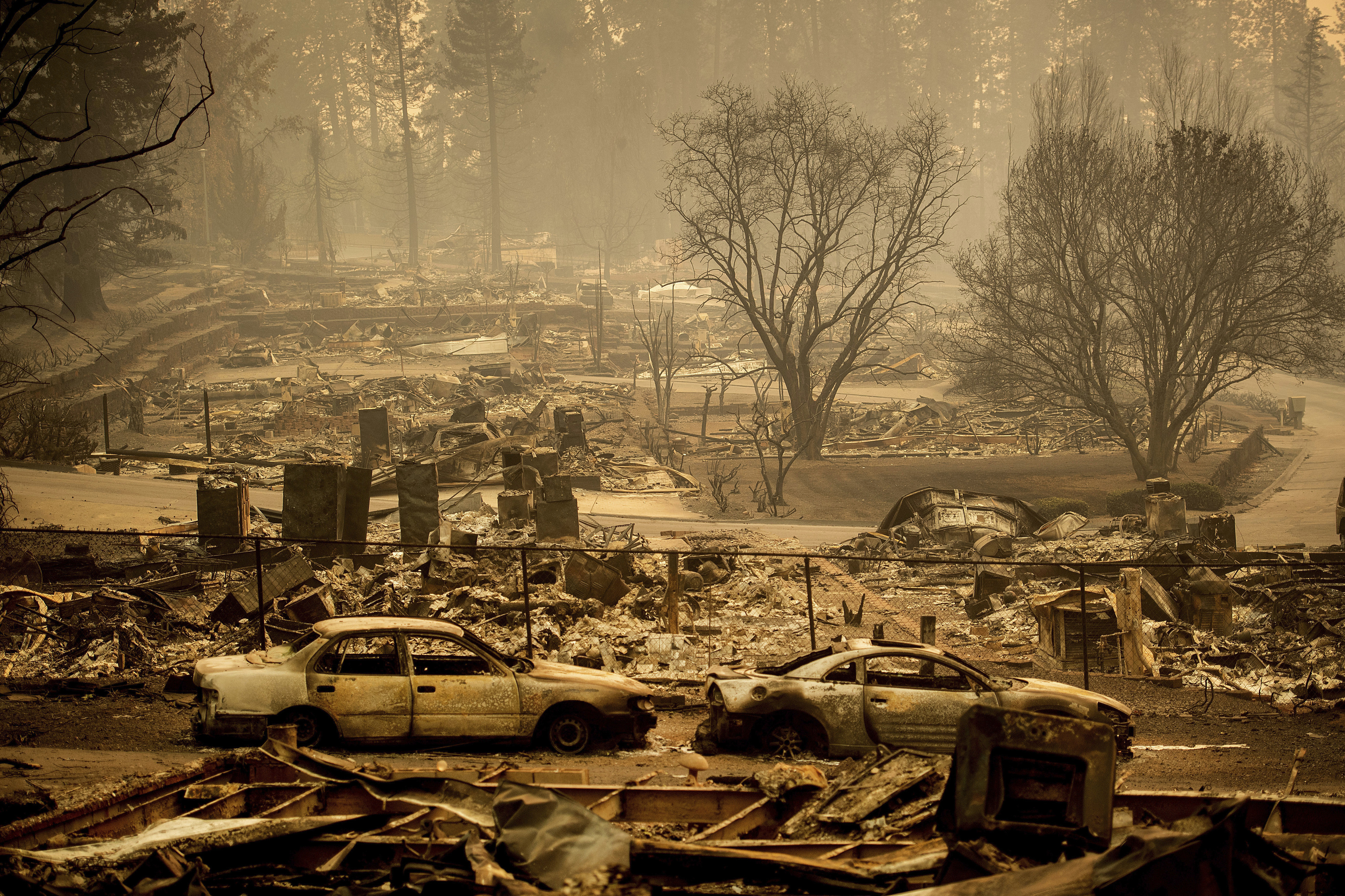 Homes leveled by the Camp Fire line a development on Edgewood Lane in Paradise, Calif., on Nov. 12, 2018.<br />(Noah Berger / AP Photo