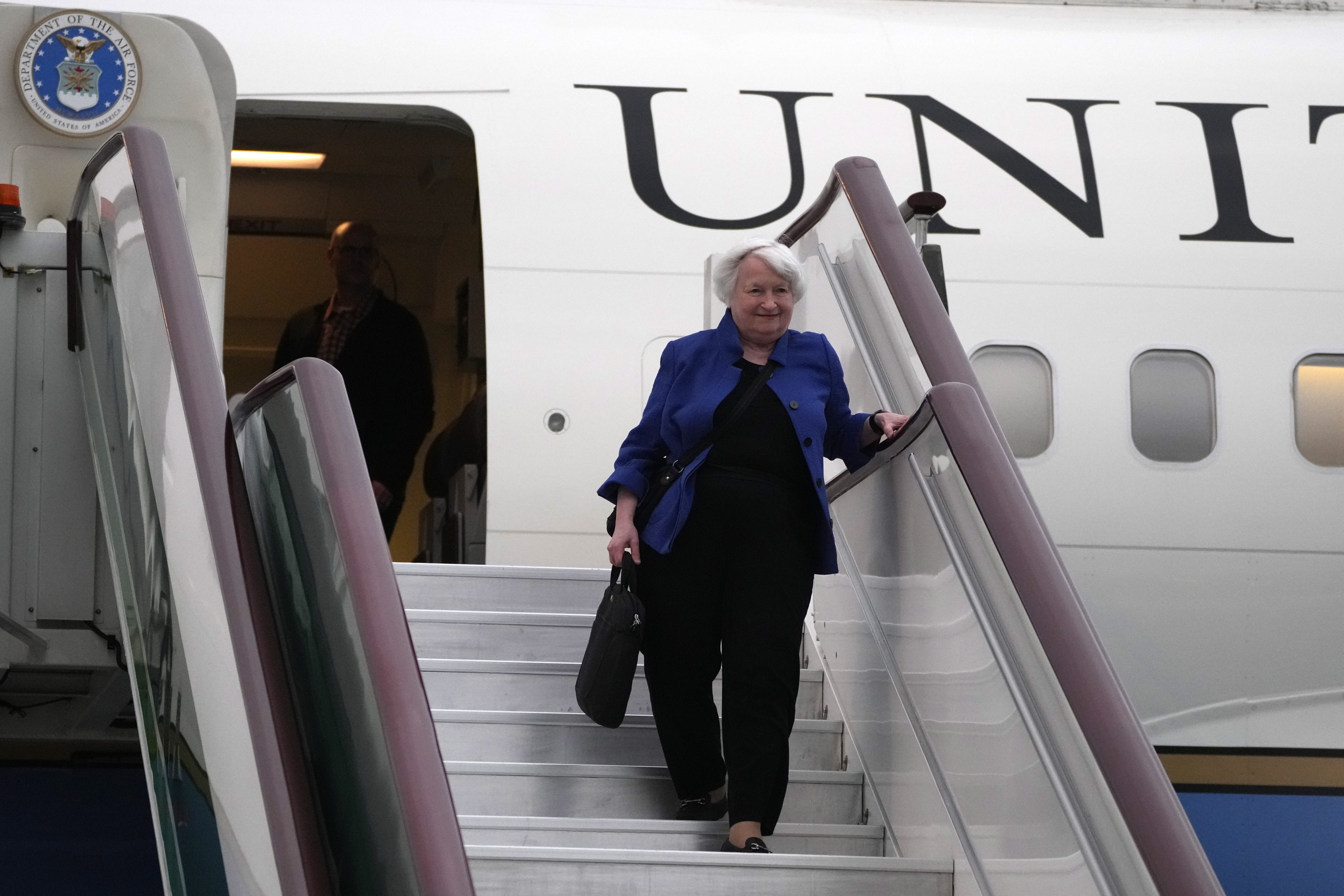 U.S. Treasury Secretary Janet Yellen arrives on a plane at Guangzhou Baiyun Airport in southern China&#039;s Guangdong province, Thursday, April 4, 2024. Treasury Secretary Janet Yellen is heading to a China that is determined to avoid open conflict with the United States.<br />(Andy Wong / AP Photo)