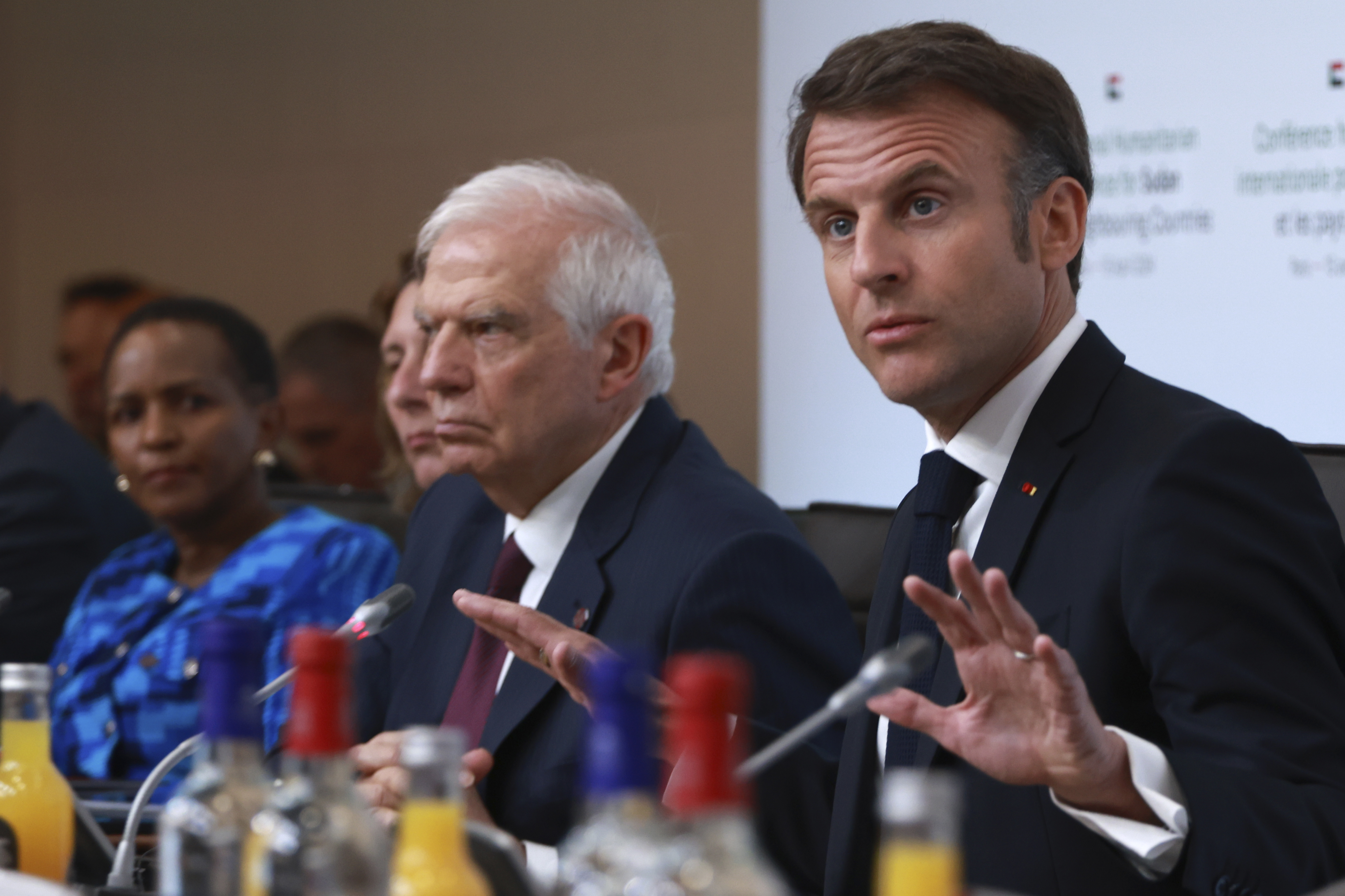 French President Emmanuel Macron, right, speaks during a session at the international conference on Sudan, Monday, April 15, 2024 in Paris. Top diplomats and aid groups met in the French capital to drum up humanitarian support for Sudan after a yearlong war has devastated the northeastern African country and pushed its people to the brink of famine.<br />(Aurelien Morissard / AP Photo)