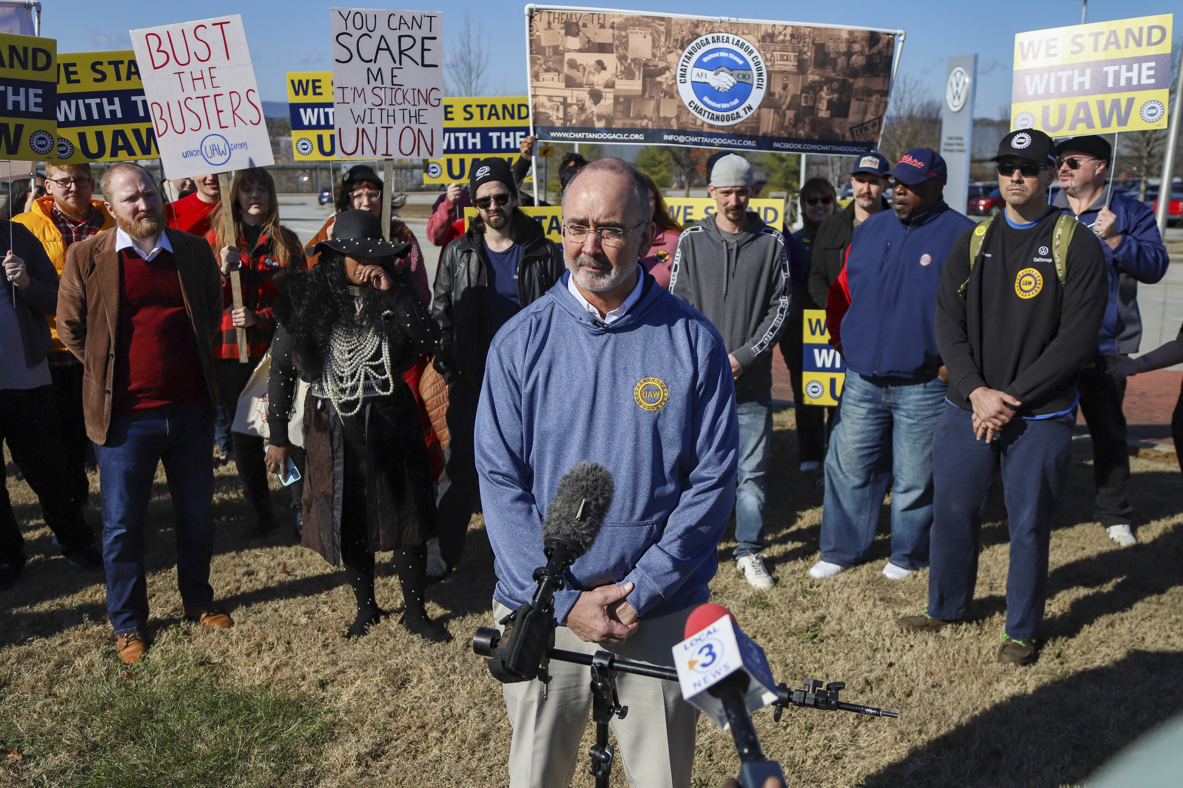 UAW President Shawn Fain speaks to the media after visiting the Volkswagen plant in Chattanooga, Tenn., on Monday, Dec. 18, 2023.<br />(Olivia Ross / Chattanooga Times Free Press via AP)