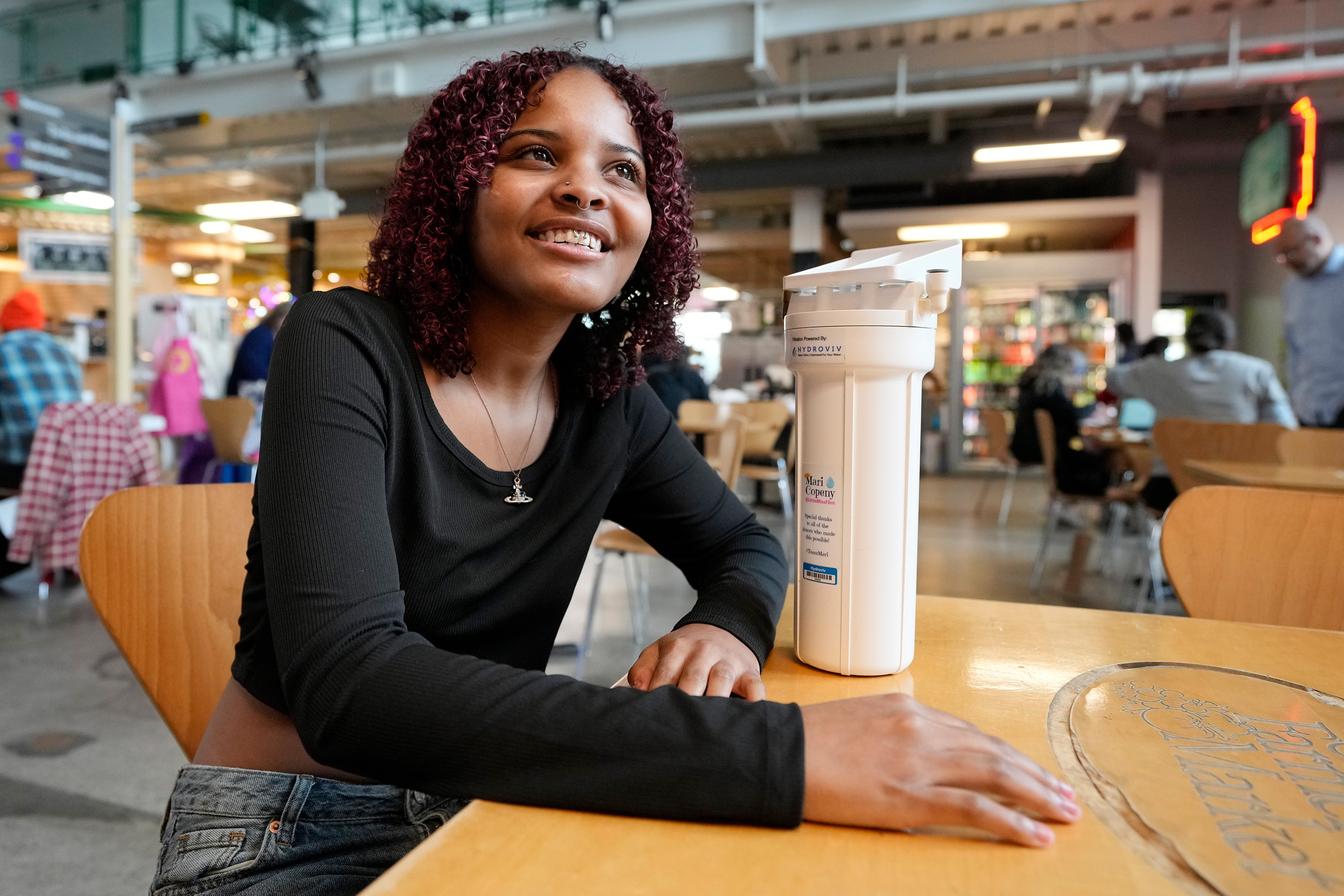 Mari Copeny, known as Little Miss Flint, is interviewed about her involvement with Hydroviv, a water filter company, Thursday, March 18, 2024, in Flint, Mich. Copeny has partnered with the water filter company to help donate water filters to low income families across the U.S.<br /> (Carlos Osorio / AP Photo)