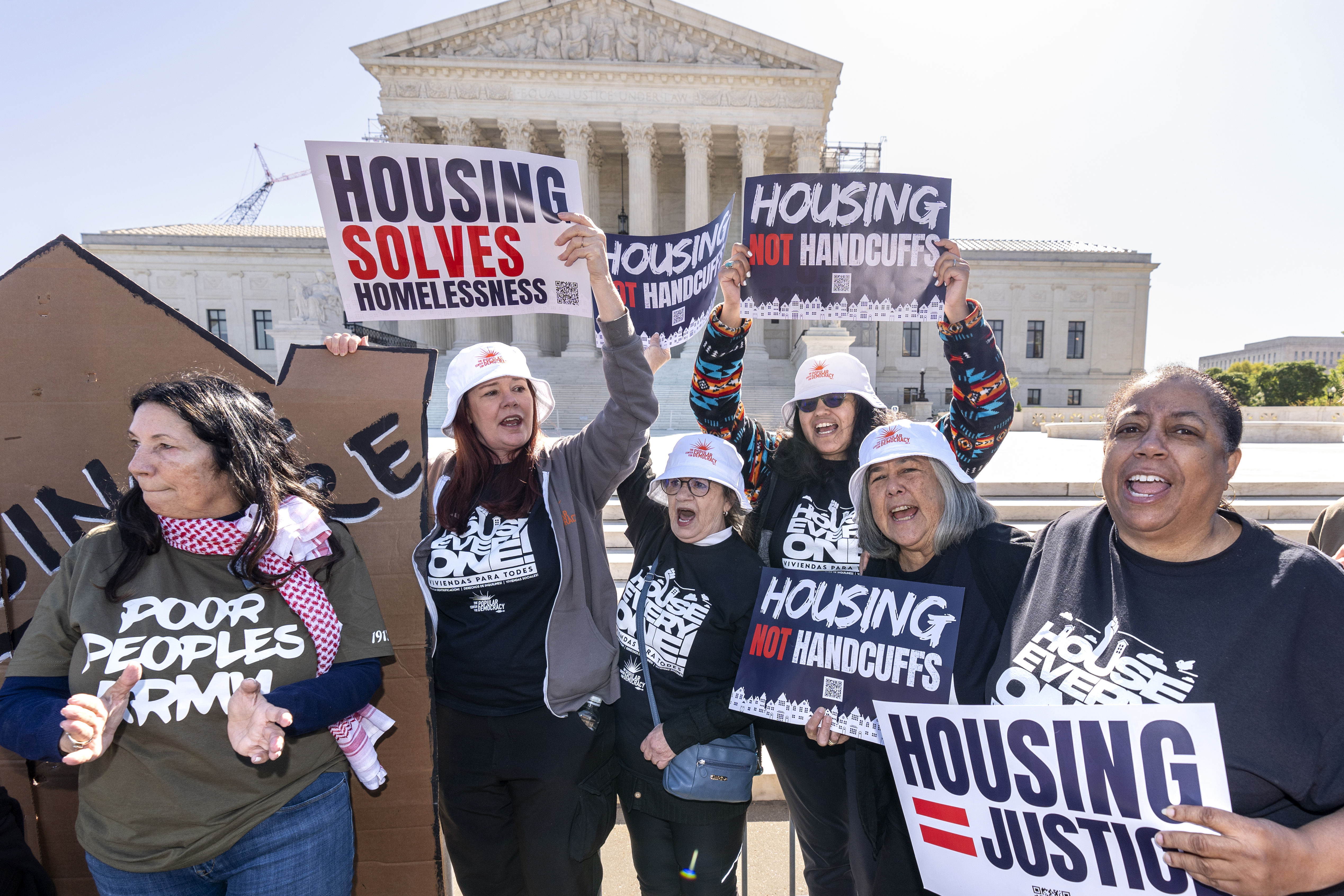 Activists demonstrate at the Supreme Court as the justices consider a challenge to rulings that found punishing people for sleeping outside when shelter space is lacking amounts to unconstitutional cruel and unusual punishment, on Capitol Hill in Washington, Monday, April 22, 2024.<br />(J. Scott Applewhite / AP Photo)