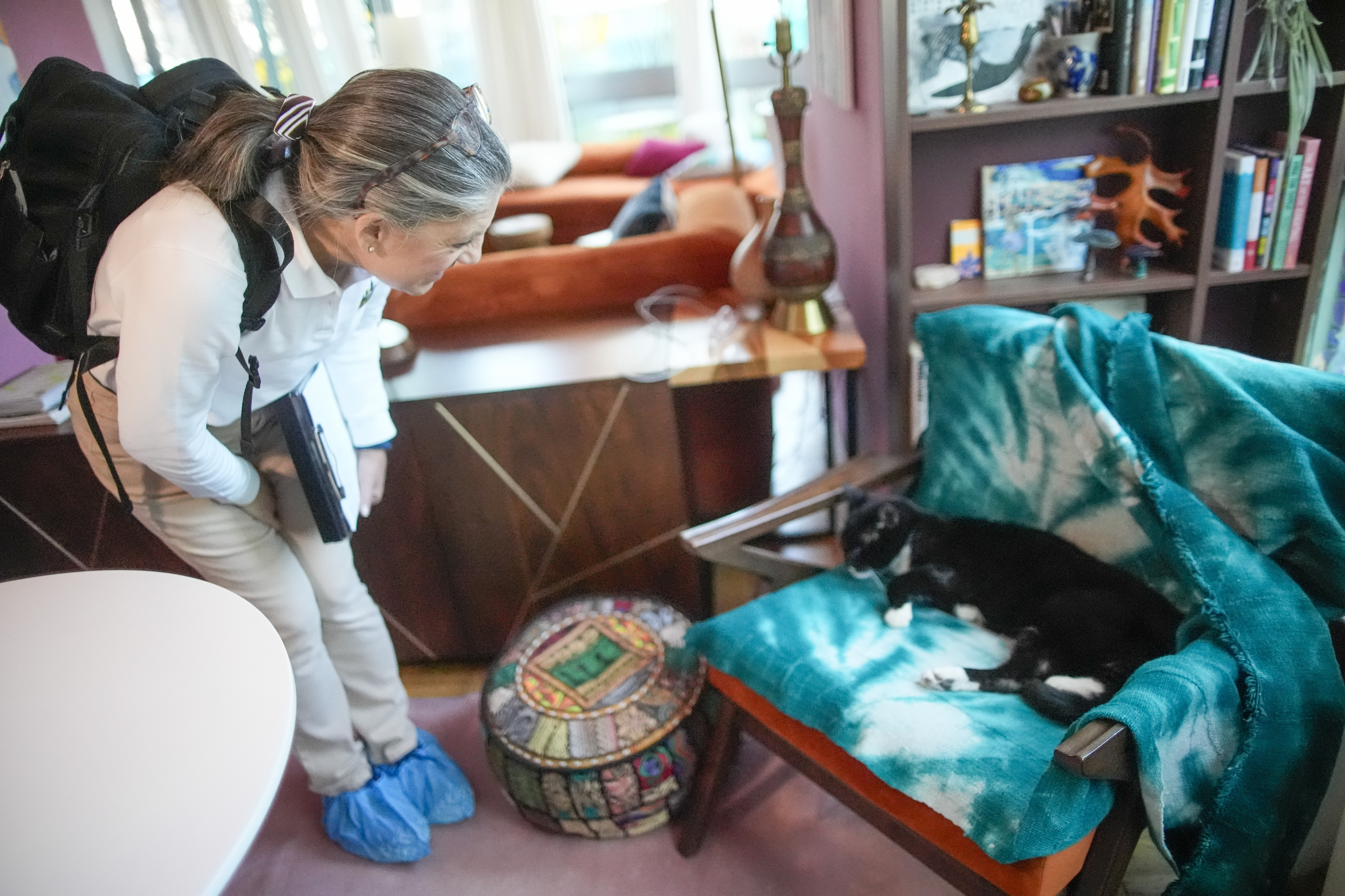 Dr. Amy Attas, greets Puddy Beyer, a 19 year old male Domestic Short Haired cat, as she arrives for a house call, Tuesday, April 23, 2024, in New York.<br />(Mary Altaffer / AP Photo)