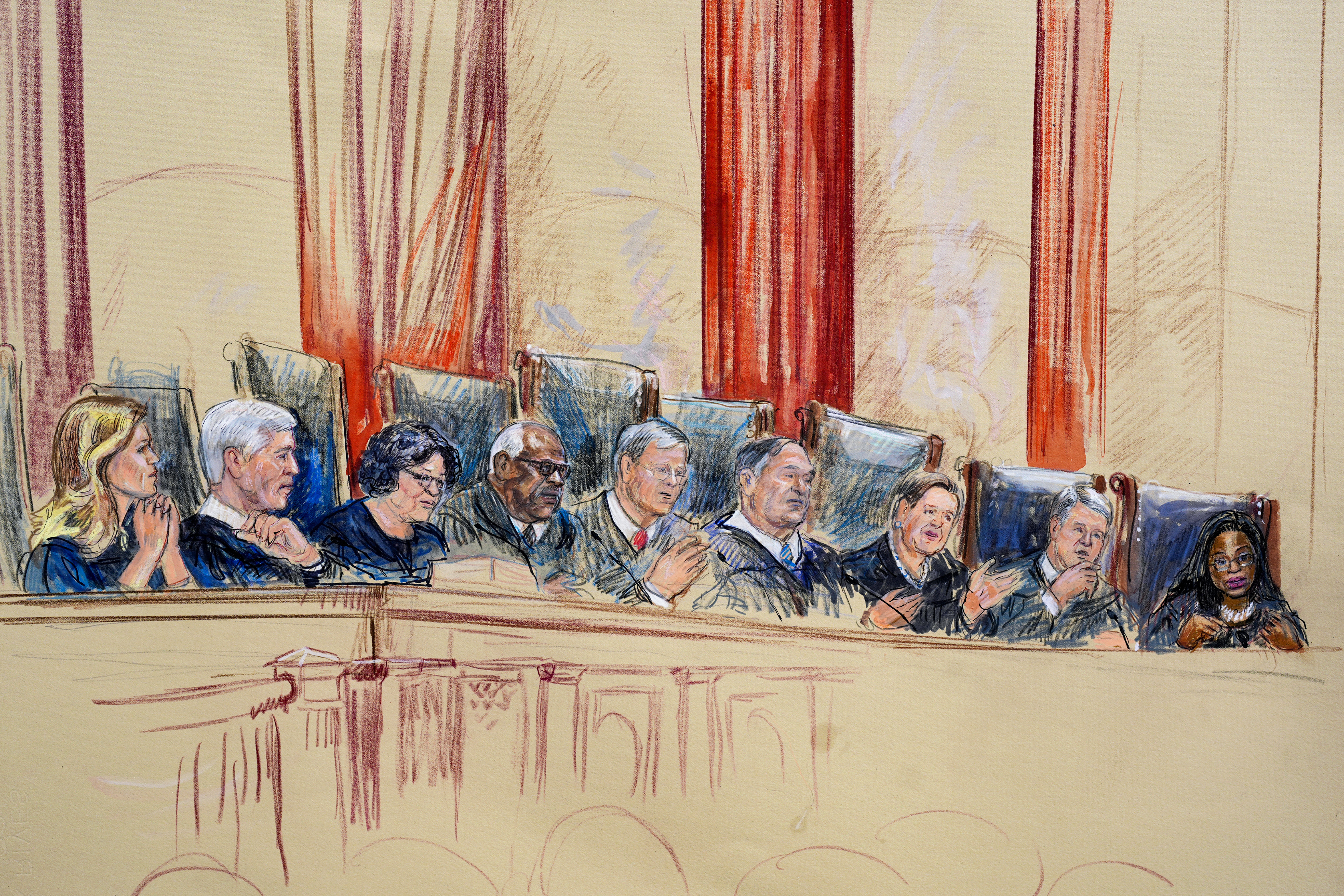 This artist sketch depicts (from left) Associate Justice Amy Coney Barrett, Associate Justice Neil Gorsuch, Associate Justice Sonia Sotomayor, Associate Justice Clarence Thomas, Chief Justice of the United States John Roberts, Associate Justice Samuel Alito, Associate Justice Elena Kagan, Associate Justice Brett Kavanaugh, and Associate Justice Ketanji Brown Jackson.<br />(Dana Verkouteren / AP Photo)