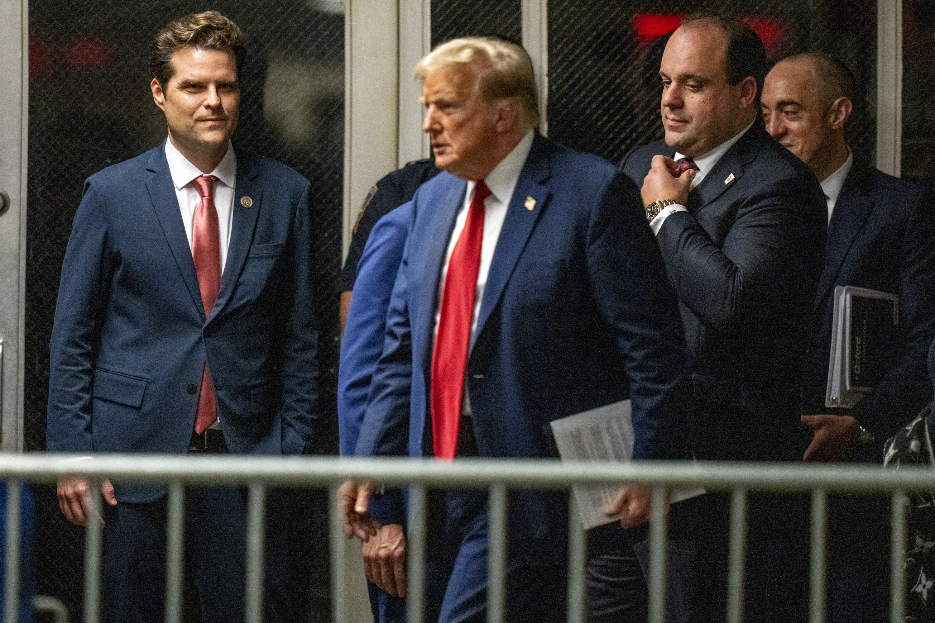Rep. Matt Gaetz R-Fla. (left) and former President Donald Trump&#039;s advisor Boris Epshteyn (right) look as Trump exits the courtroom at the end of the day of Trump&#039;s trial at Manhattan criminal court, Thursday, May 16, 2024, in New York.<br />(Steven Hirsch / New York Post via AP)