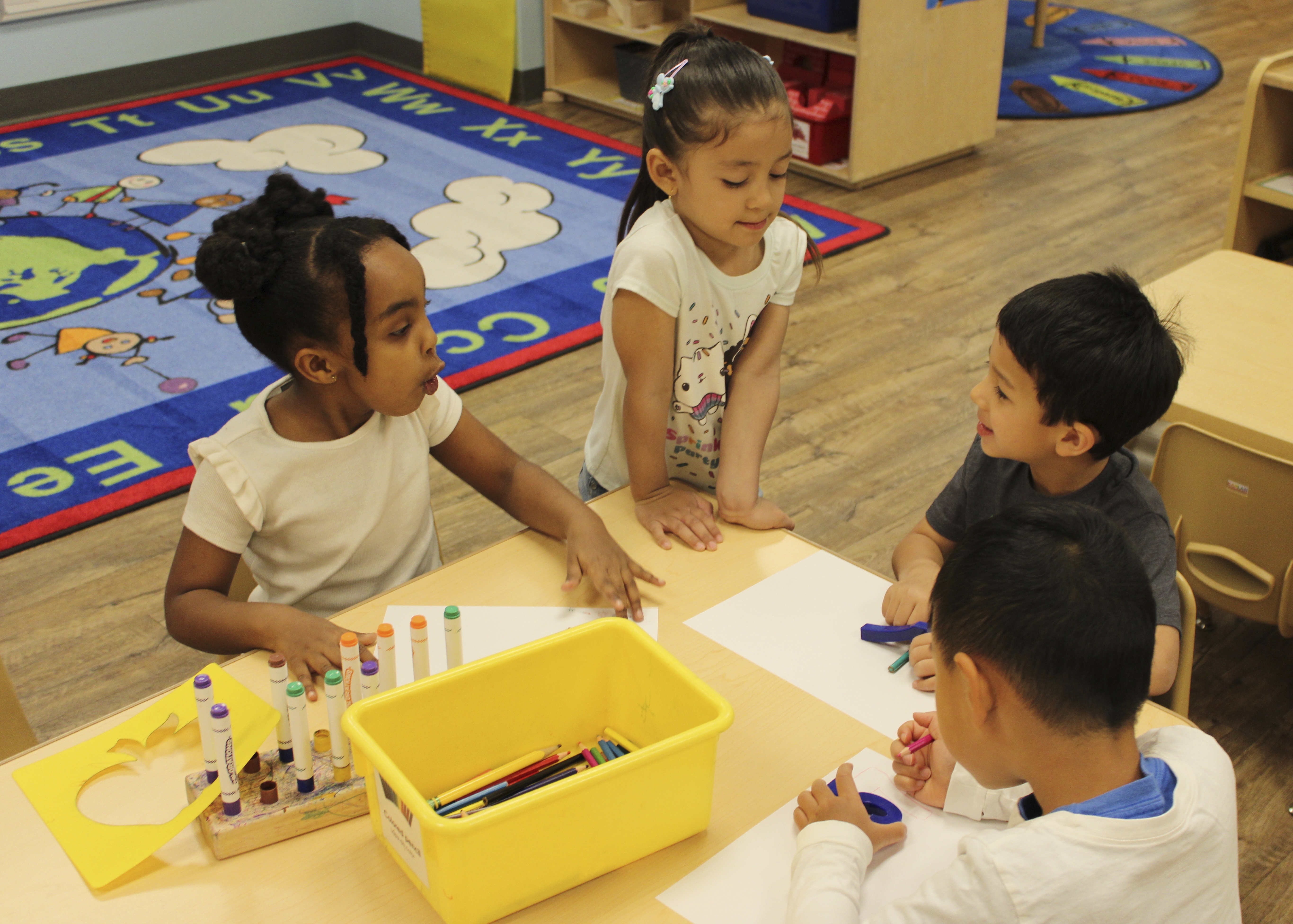 Children color at the KinderCare Child Development center on April 18, 2024, in Las Vegas. Just under 100 children of employees were enrolled at the The Venetian Las Vegas&#039; center as of mid-April.<br />(Jackie Valley / The Christian Science Monitor via AP)