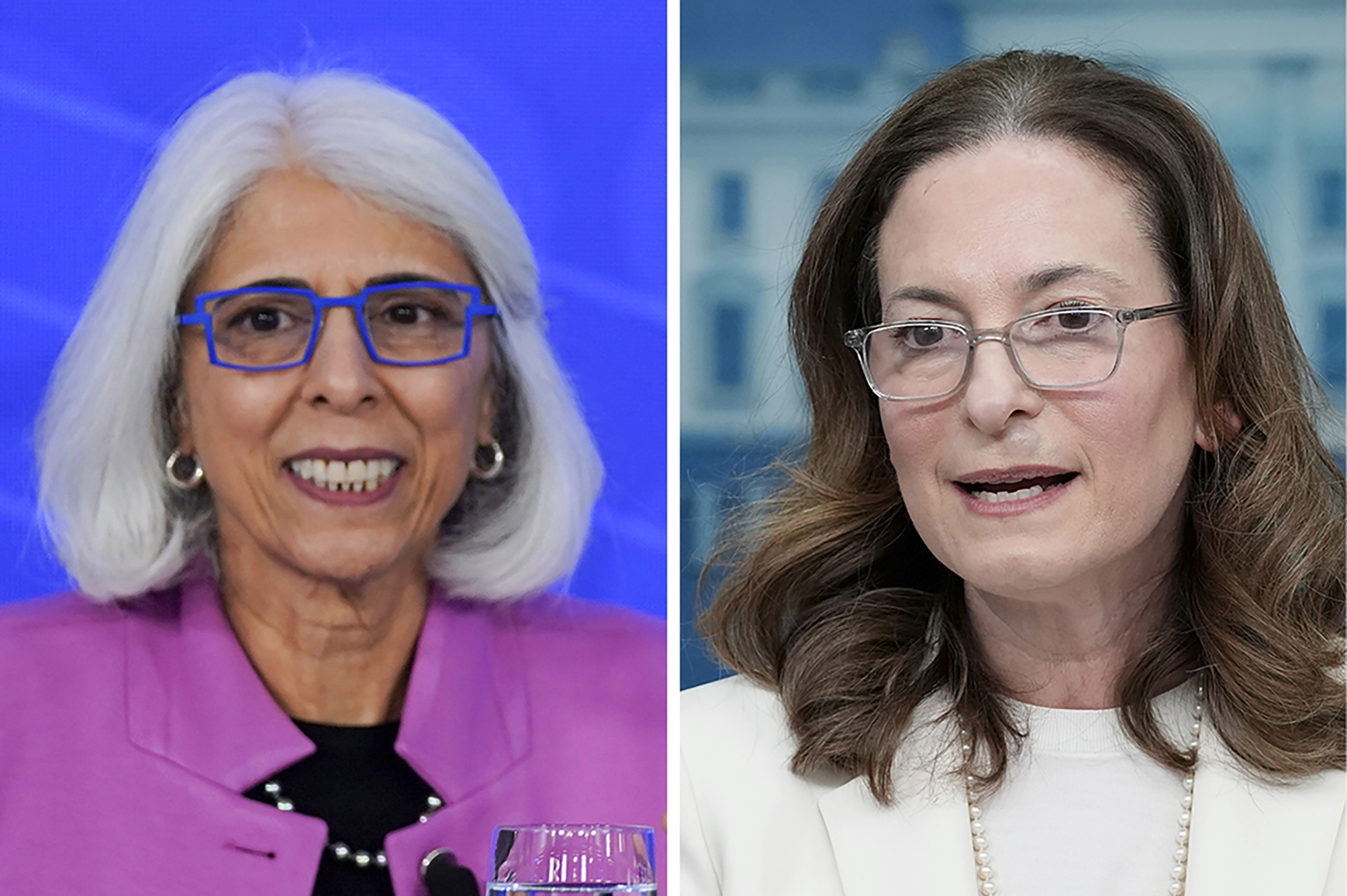 Arati Prabhakar, left photo, Director of the White House Office of Science and Technology Policy, and Jennifer Klein, Director of the White House Gender Policy Council, are shown in 2023 file photos.<br />(AP Photo)