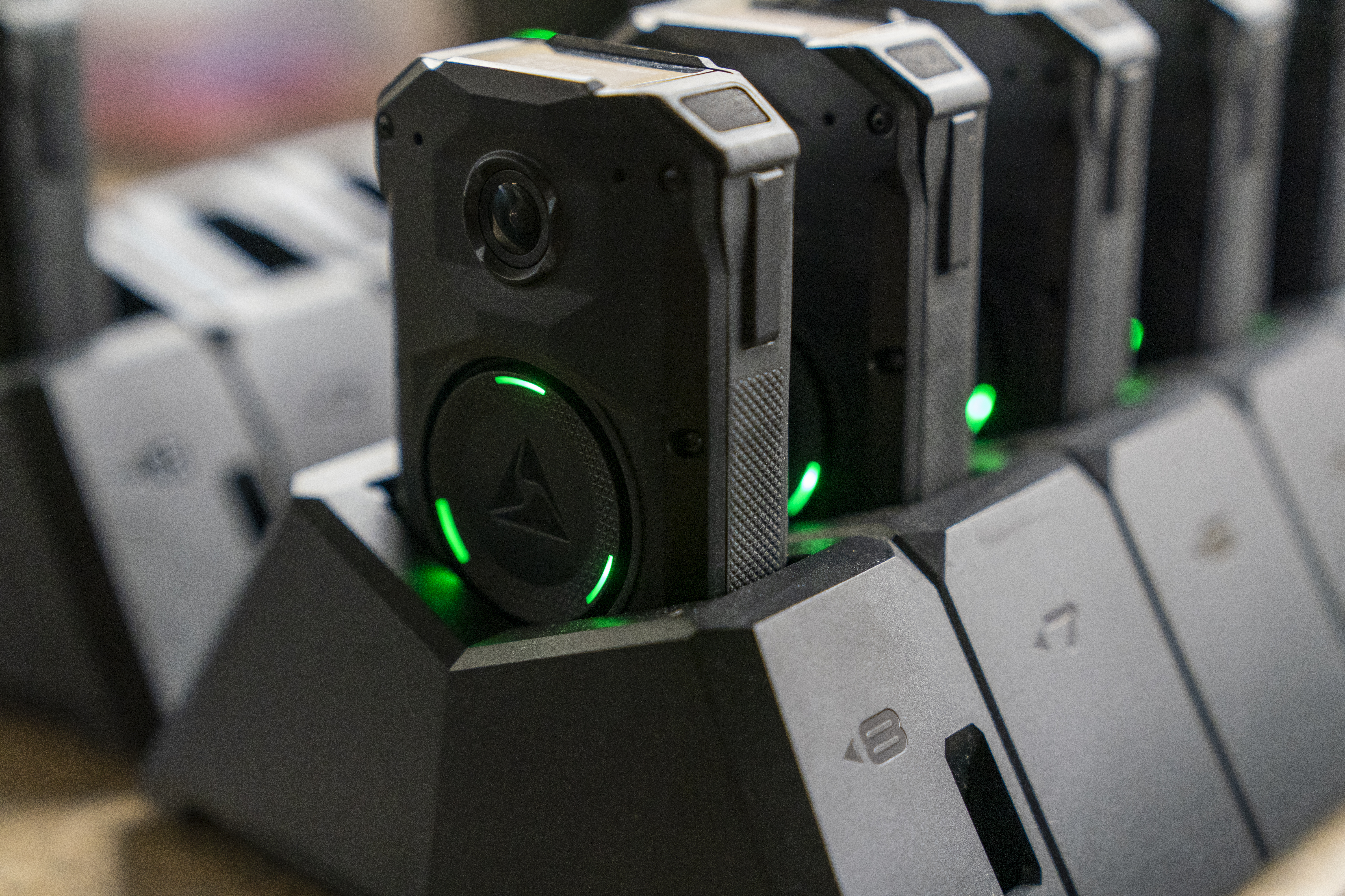 Axon body cameras charge on a docking station at Oklahoma City police headquarters on Friday, May 31, 2024 in Oklahoma City, Oklahoma.<br /> (Nick Oxford / AP Photo)