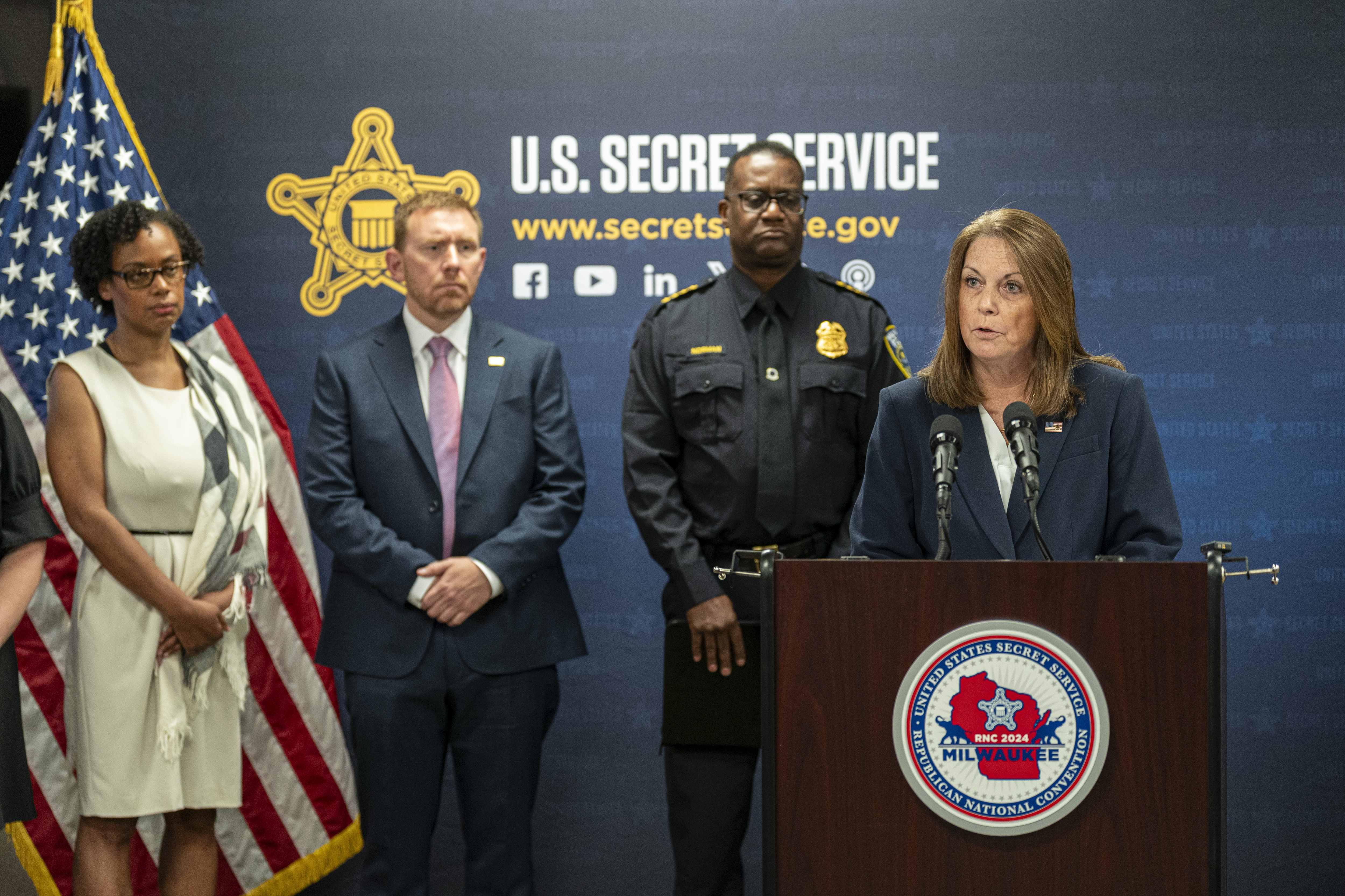 U.S. Secret Service Director Kimberly Cheatle speaks during a Republican National Convention security news conference Friday, June 21, 2024, in Milwaukee.<br />(Andy Manis / AP Photo)