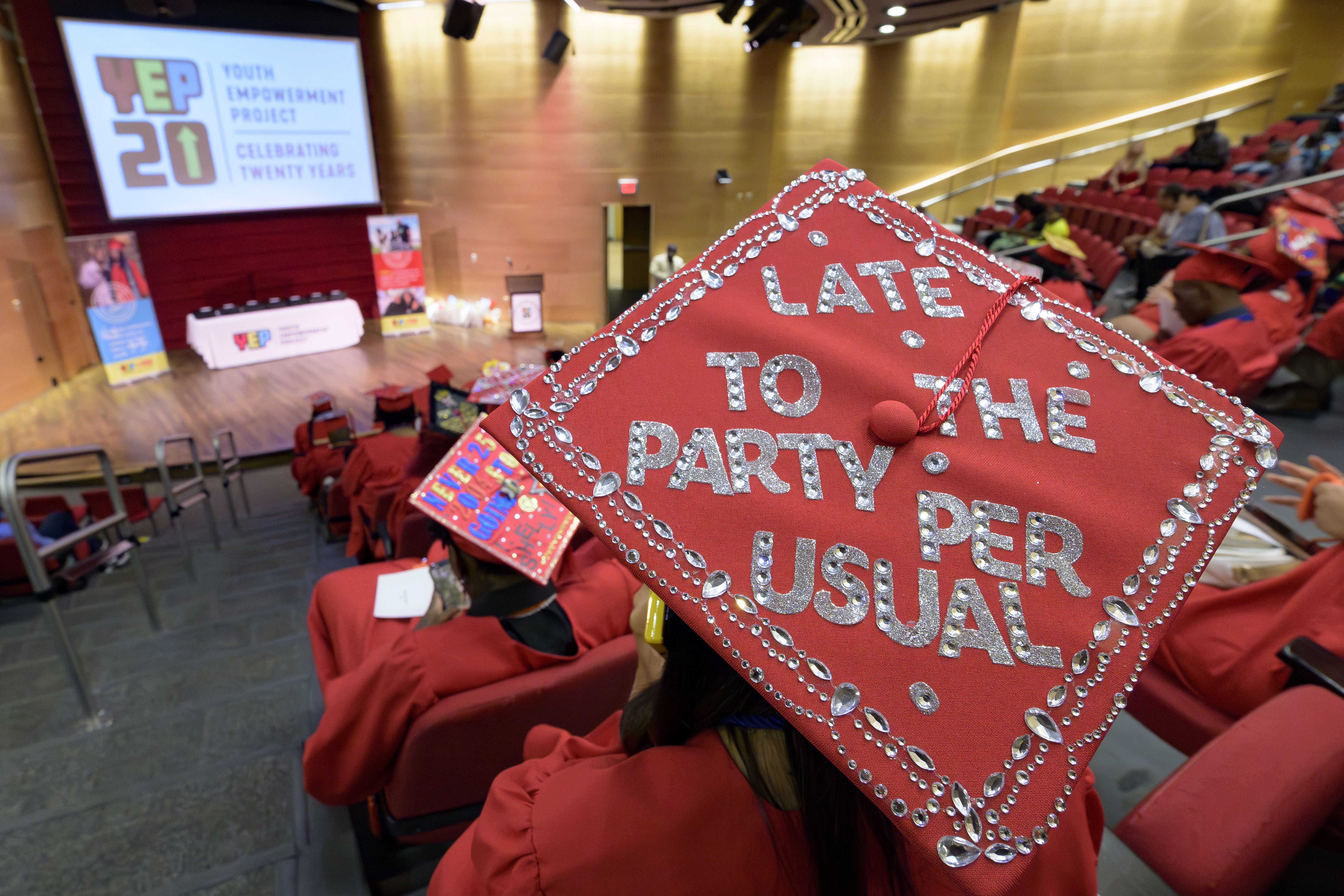 Mariah Middleton decorated her mortarboard graduate cap for a high school equivalency (HiSET) diploma graduation ceremony for the Youth Empowerment Project (YEP) in New Orleans, Thursday, June 27, 2024.<br />(Matthew Hinton / AP Photo)