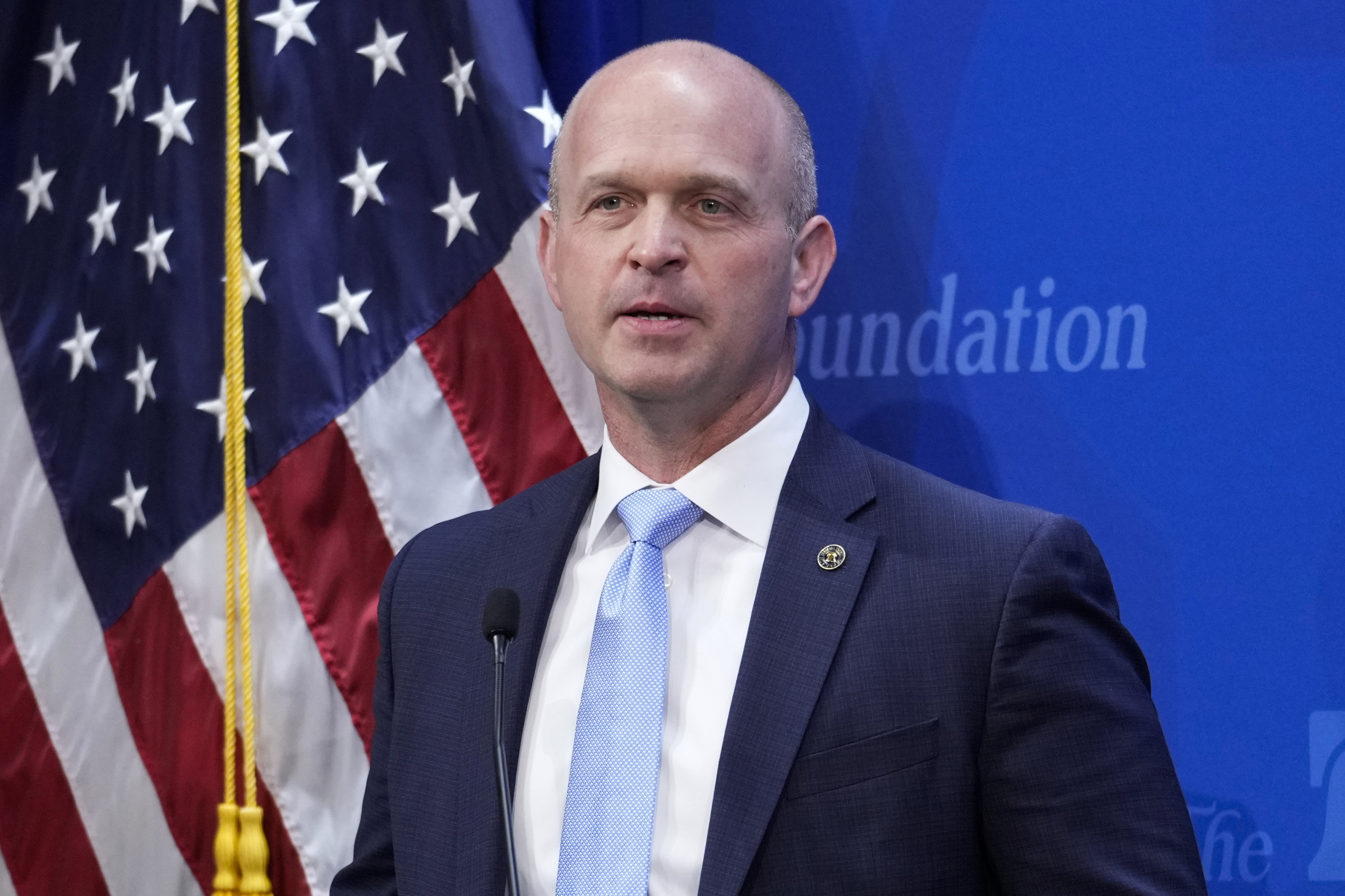 Kevin Roberts, president of The Heritage Foundation, speaks in Washington, April 12, 2023. Former President Donald Trump is seeking to distance himself from a plan for a massive overhaul of the federal government drafted by some of his administration officials. Some of these men are expected to take high-level roles if Trump is elected back into the White House.<br />(J. Scott Applewhite / AP Photo)