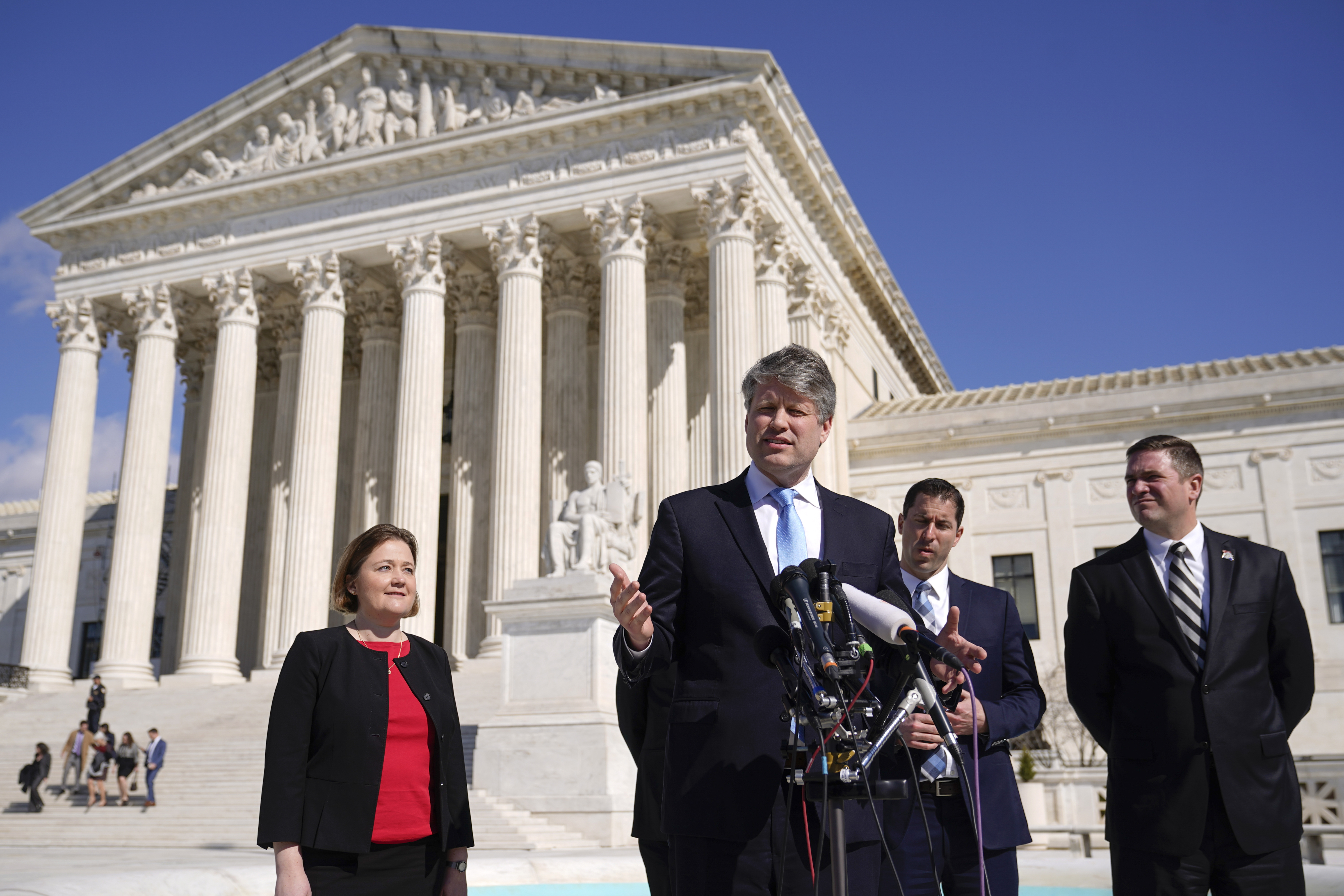 Nebraska Attorney General Mike Hilgers speaks with reporters outside the Supreme Court on Capitol Hill in Washington, Feb. 28, 2023.<br />(Patrick Semansky / AP Photo)