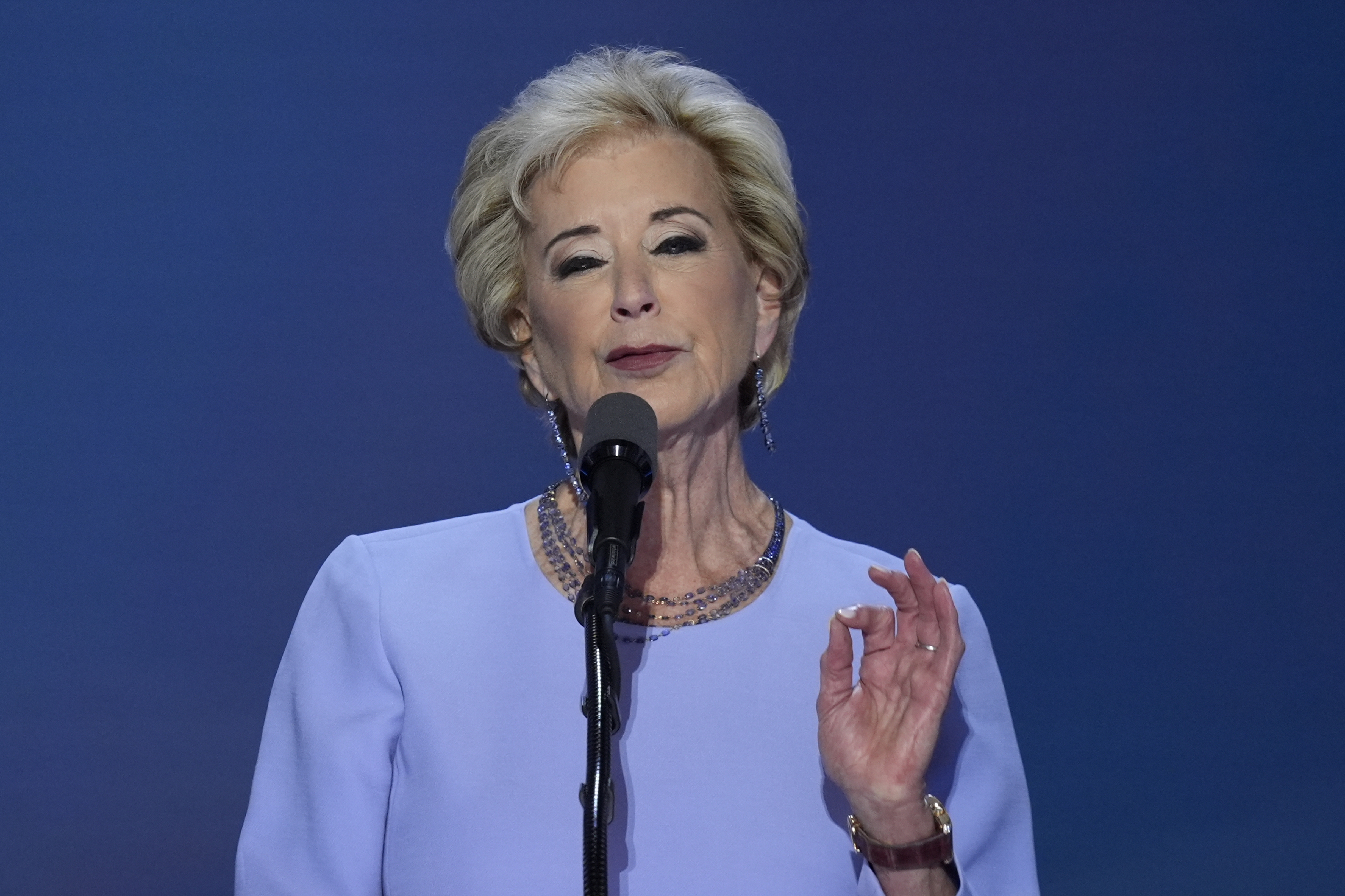 Linda McMahon, Trump’s pick to be the next education secretary, speaking during the Republican National Convention on Thursday, July 18, 2024, in Milwaukee.<br />(J. Scott Applewhite / AP Photo)