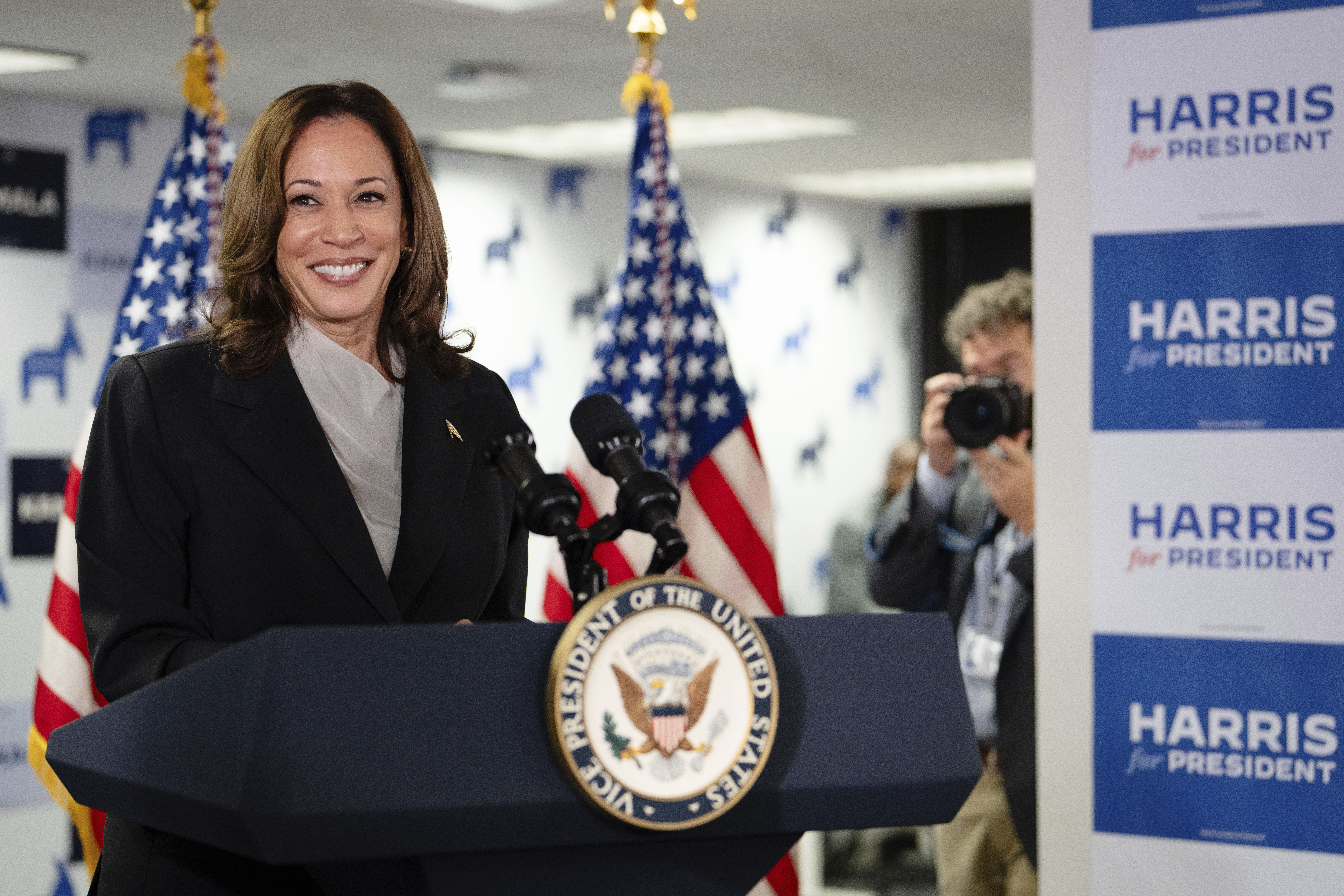 Vice President Kamala Harris speaks at her campaign headquarters in Wilmington, Del., Monday, July 22, 2024.<br />(Erin Schaff  / The New York Times via AP)