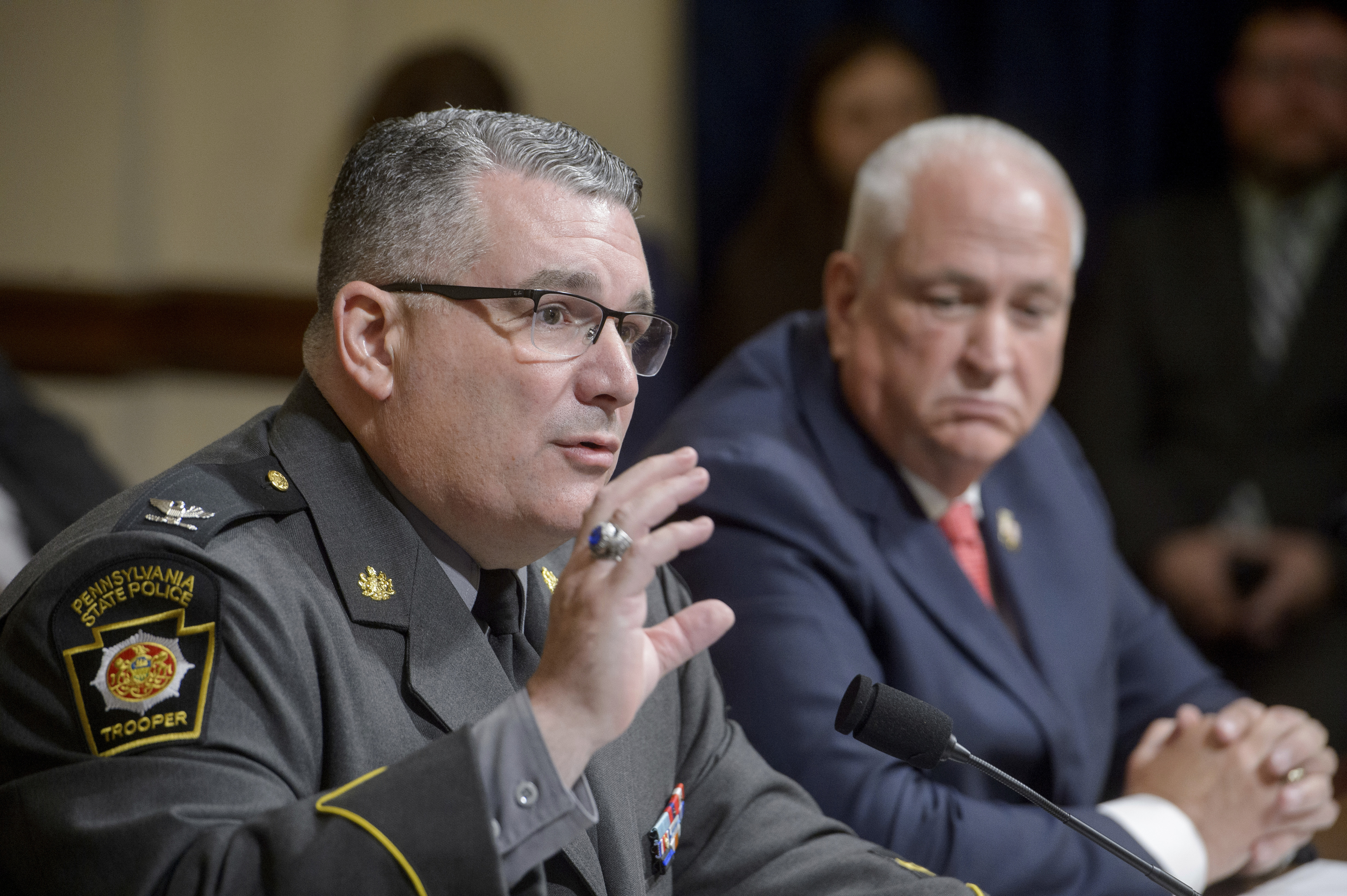 Colonel Christopher L. Paris, Commissioner, Pennsylvania State Police (left) responds to questions during a House Committee on Homeland Security hearing examining the assassination attempt of July 13, on Capitol Hill, Tuesday, July 23, 2024, in Washington.<br />(Rod Lamkey, Jr. / AP Photo