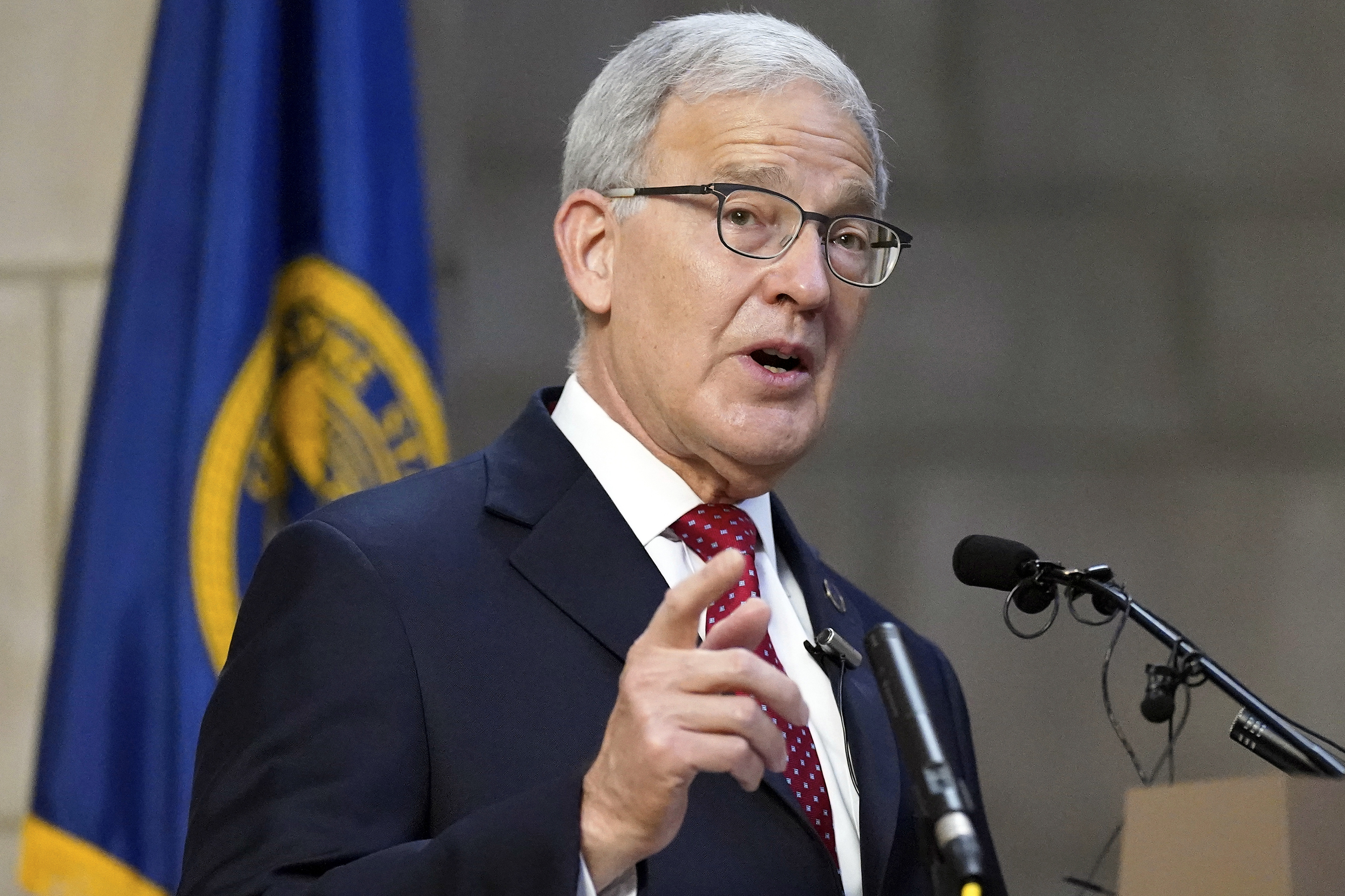 Nebraska Secretary of State Bob Evnen holds a news conference in Lincoln, Neb., Nov. 4, 2020. The American Civil Liberties Union of Nebraska has filed a lawsuit challenging top election officials&#039; defiance of state laws that restore the voting rights of those who&#039;ve ever been convicted of a felony.<br />(Nati Harnik / AP  Photo)