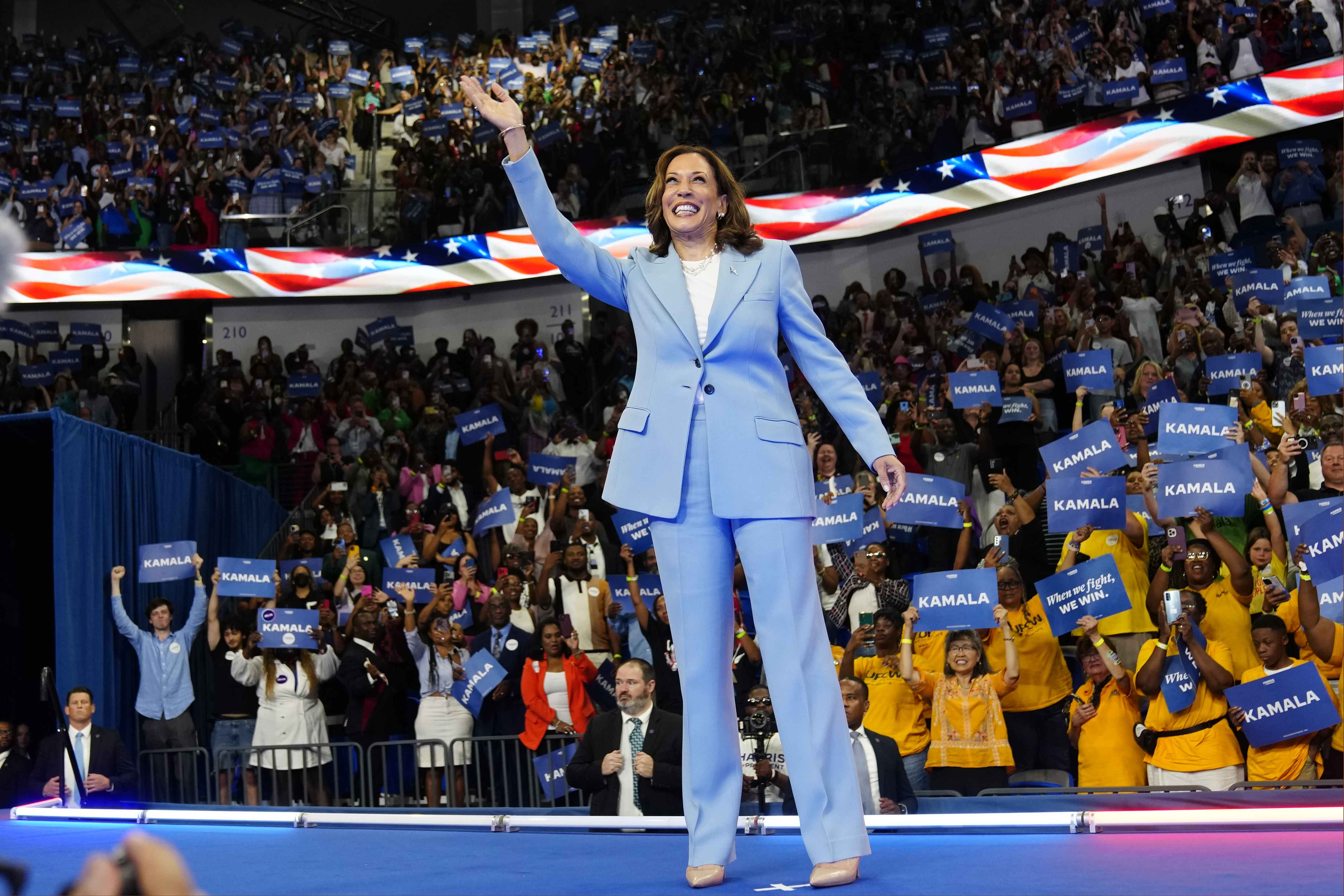 Vice President Kamala Harris waves during a campaign rally, Tuesday, July 30, 2024, in Atlanta.<br />(John Bazemore / AP Photo)