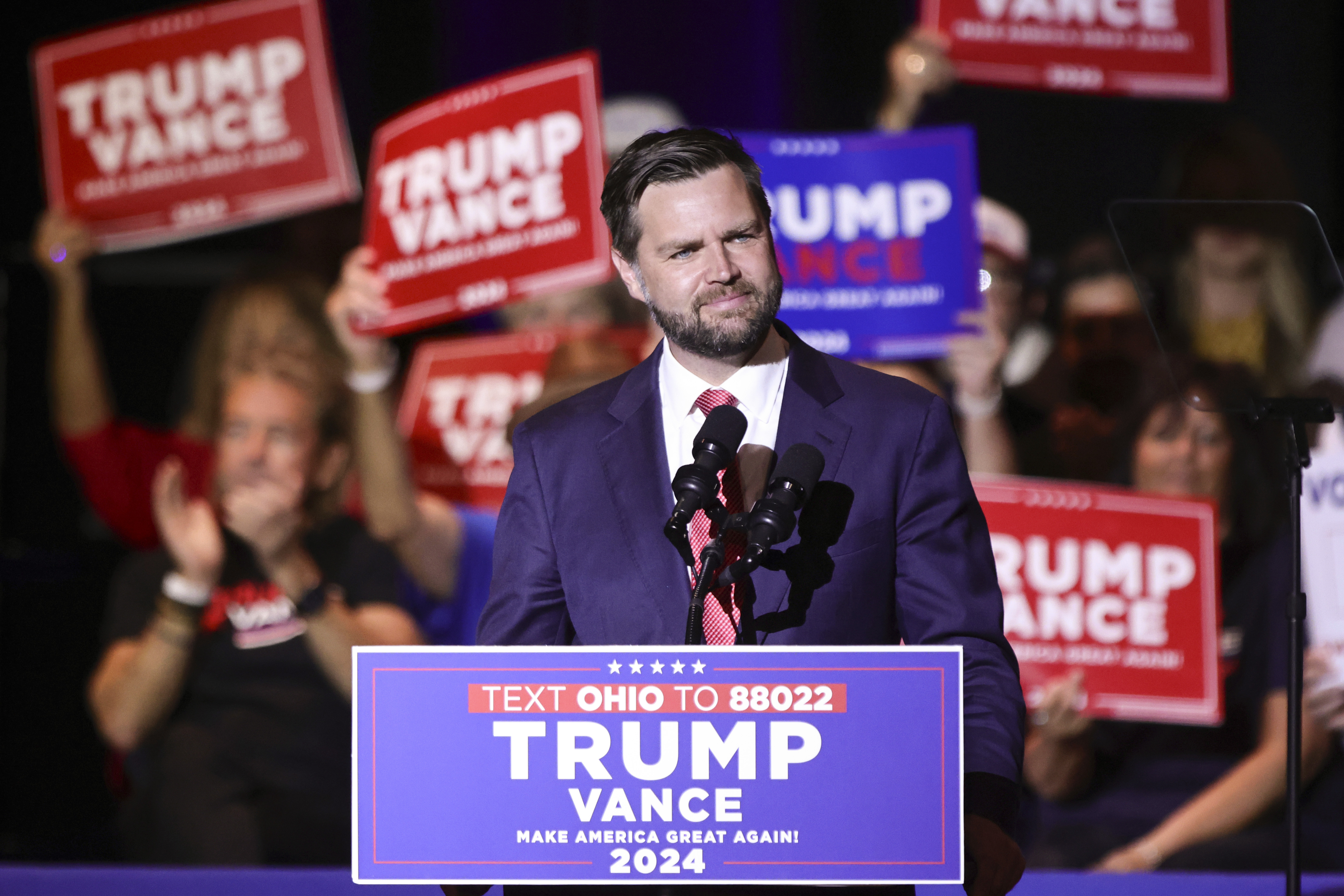 Republican vice presidential candidate Sen. JD Vance, R-Ohio, speaks during a rally in his home town of Middletown, Ohio, July 22, 2024.<br />(Paul Vernon / AP Photo)