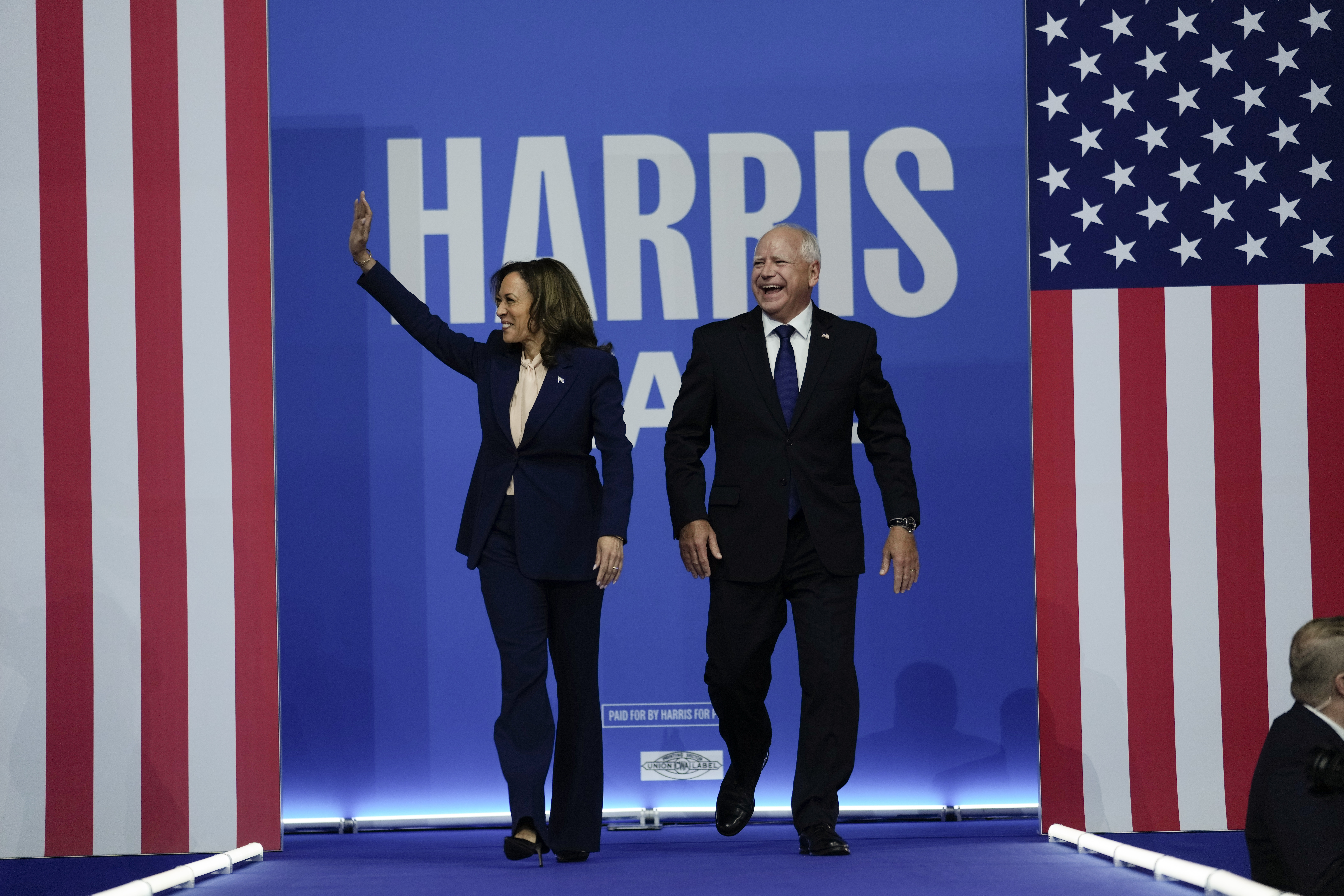 Democratic presidential nominee Vice President Kamala Harris and her running mate Minnesota Gov. Tim Walz arrive at a campaign rally in Philadelphia, Tuesday, Aug. 6, 2024.<br />(Matt Rourke / AP Photo)