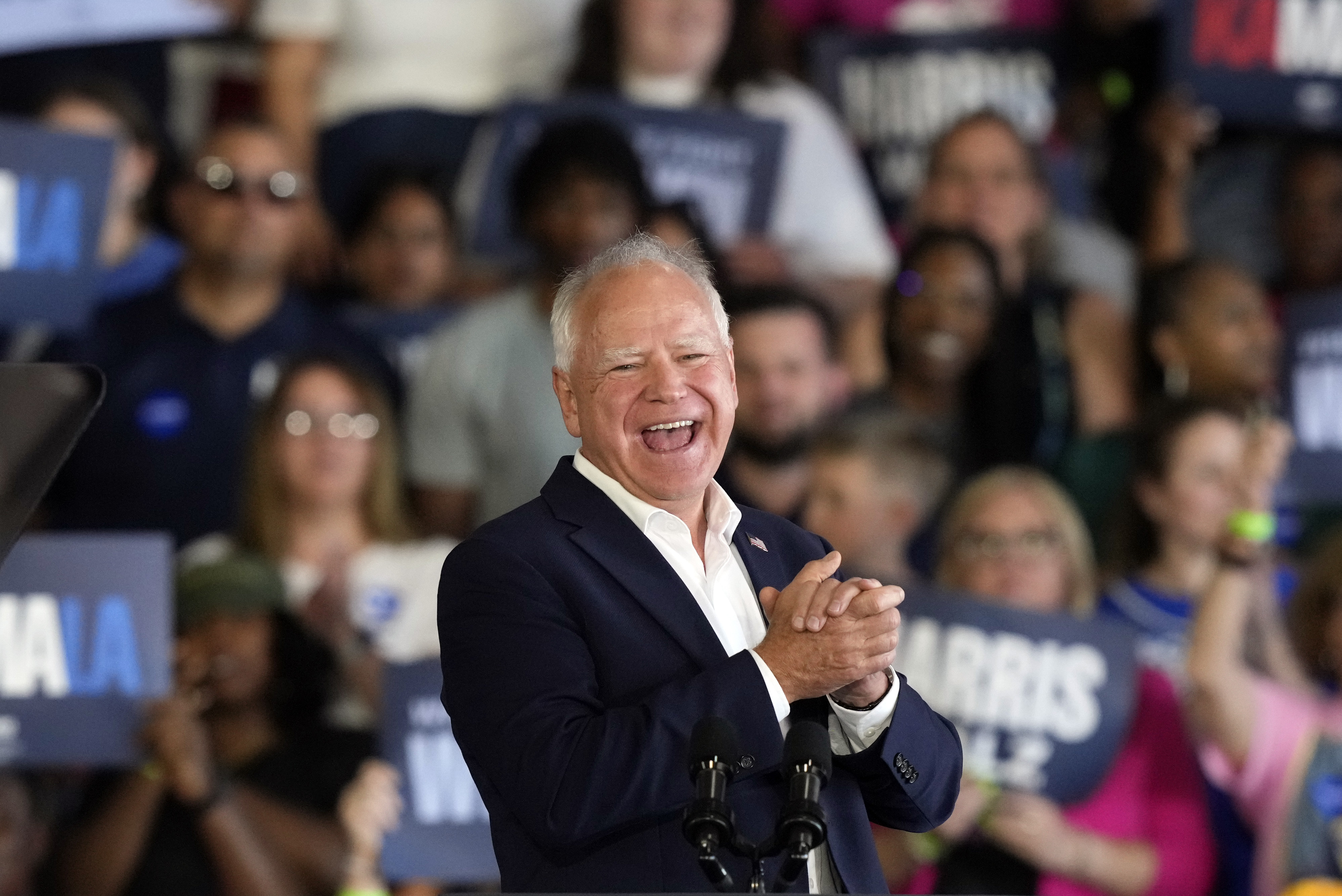 Democratic vice presidential candidate Minnesota Gov. Tim Walz speaks at a campaign rally Wednesday, Aug. 7, 2024, in Romulus, Mich., with Democratic presidential nominee Vice President Kamala Harris.<br />(Carlos Osorio / AP Photo)