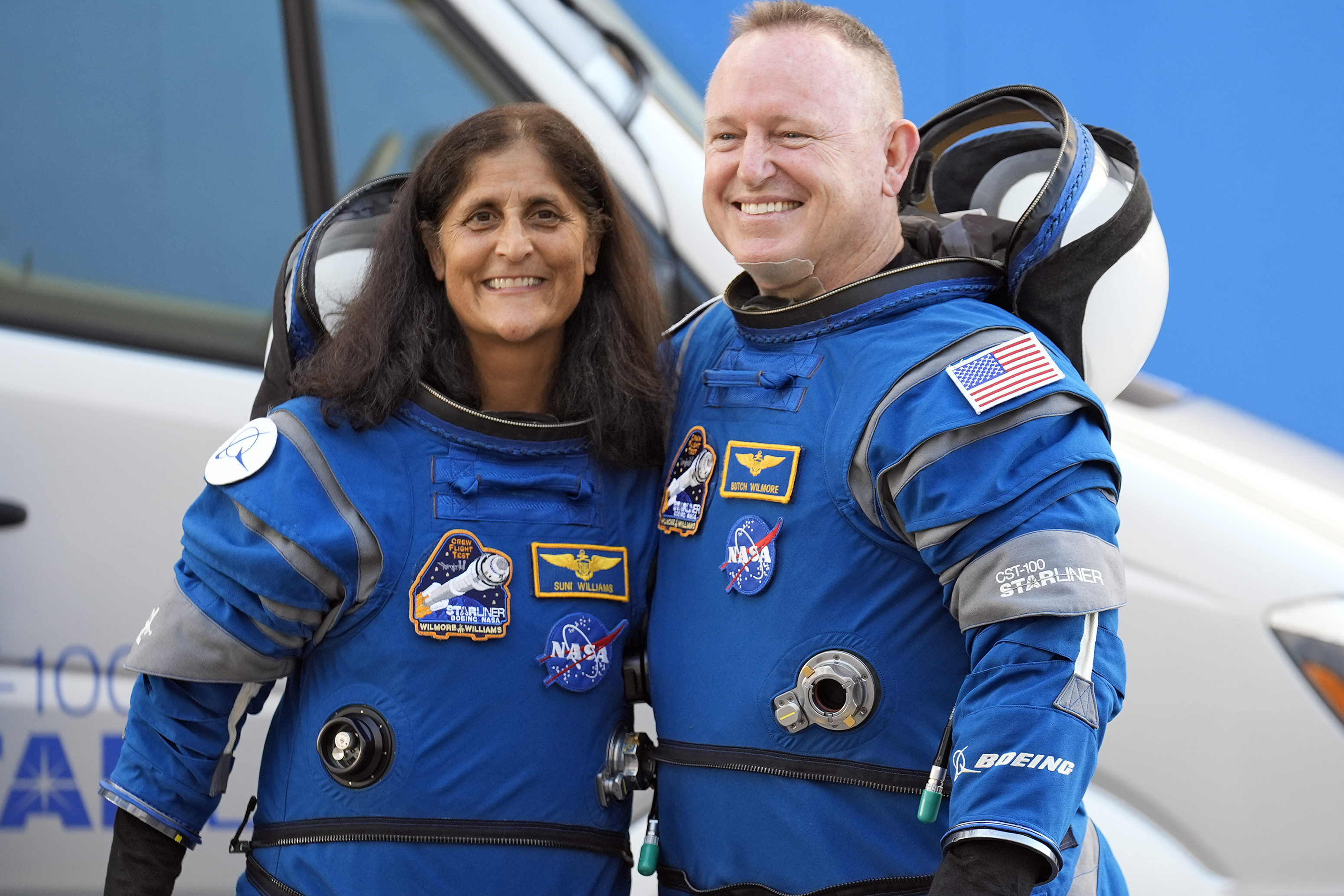 NASA astronauts Suni Williams (left) and Butch Wilmore stand together for a photo enroute to the launch pad at Space Launch Complex 41 Wednesday, June 5, 2024, in Cape Canaveral, Fla., for their liftoff on the Boeing Starliner capsule to the international space station.<br />(Chris O&#039;Meara / AP Photo)