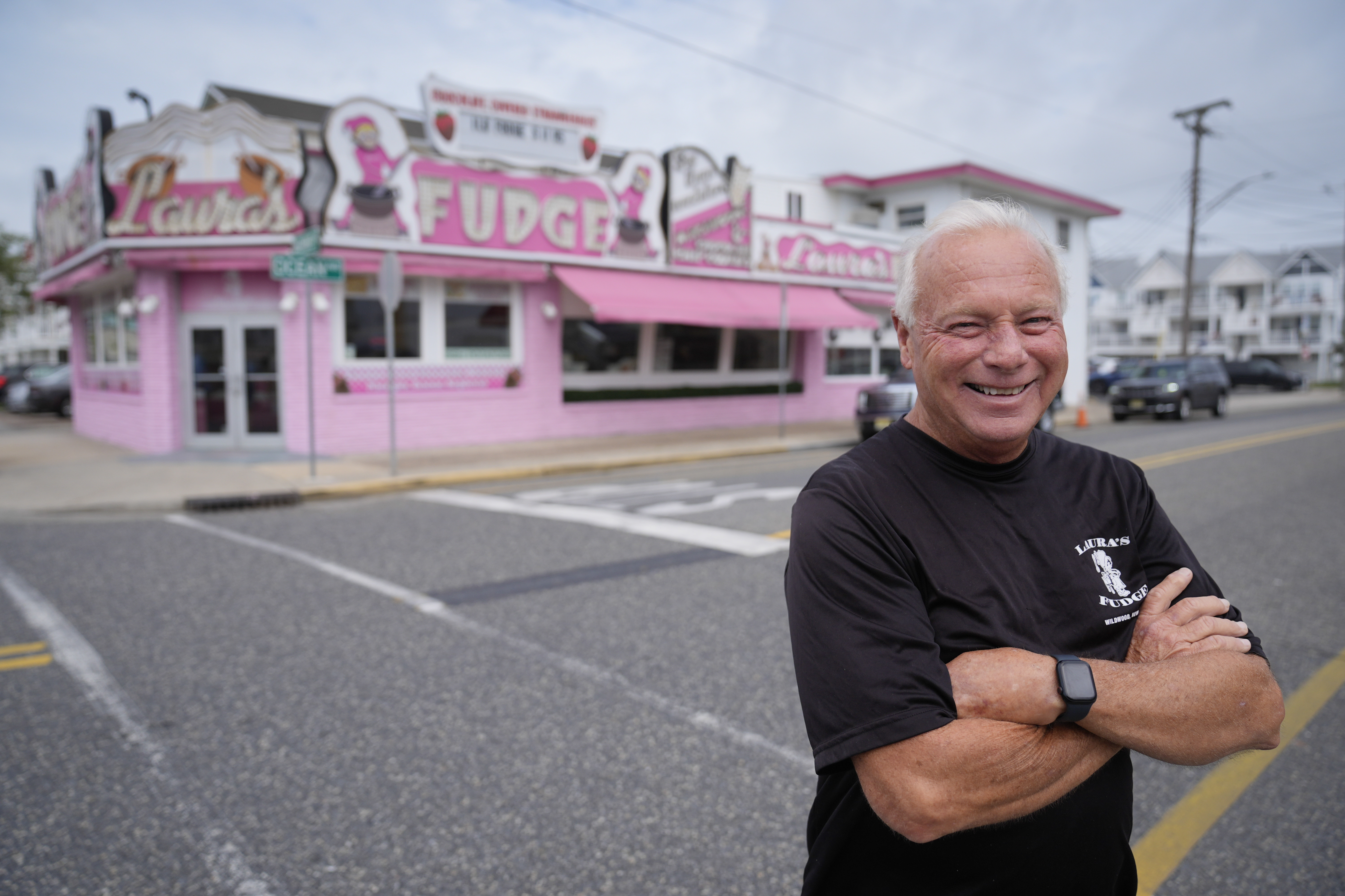 Dave Roach, owner of Laura&#039;s Fudge, poses for a photograph outside his store in Wildwood, N.J., Friday, Aug. 9, 2024.<br />(Matt Rourke / AP Photo)