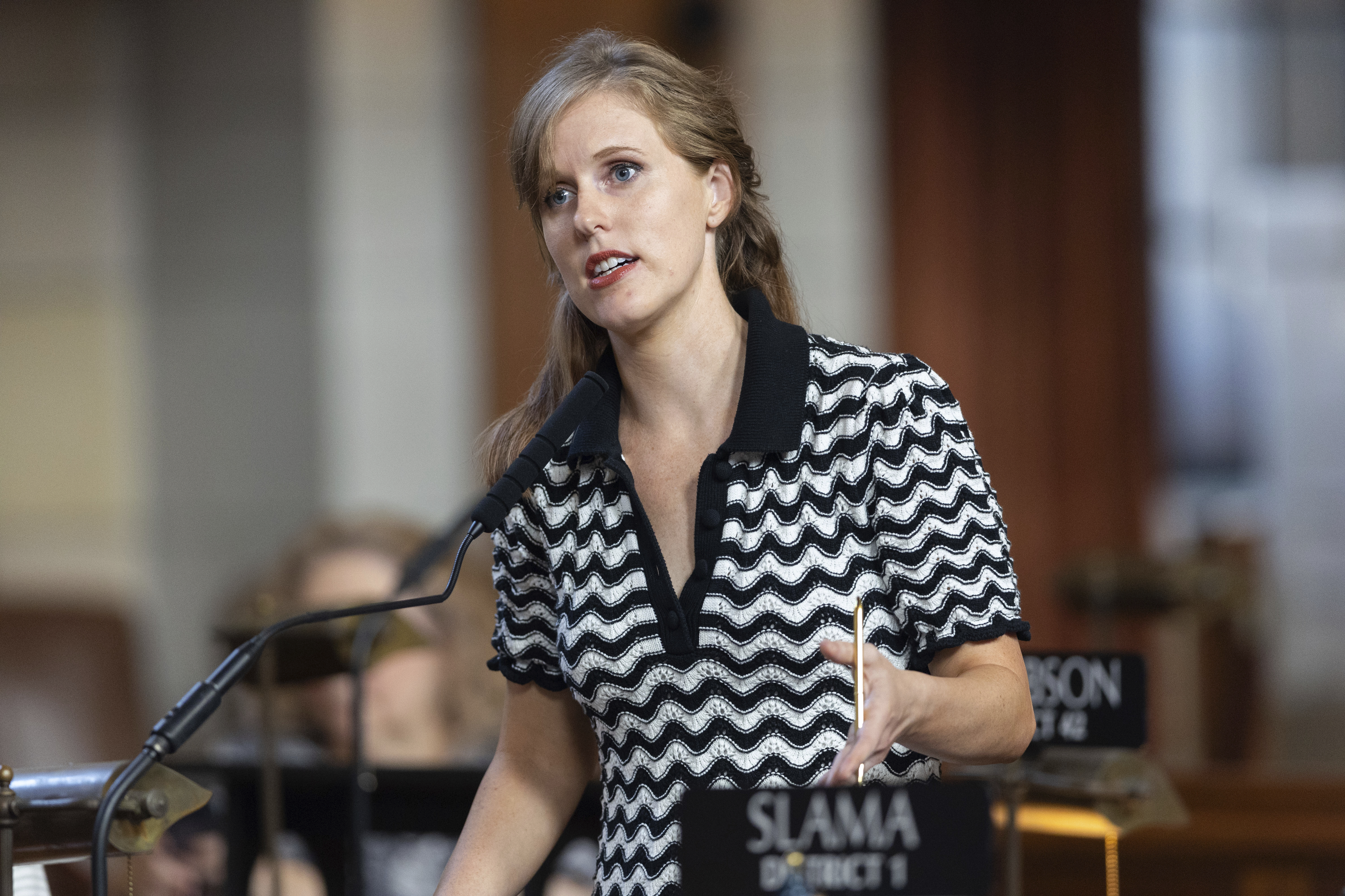 State Sen. Julie Slama speaks on the legislative floor of the Nebraska State Capitol during the 108th Legislature 1st Special Session Thursday, Aug. 8, 2024, in Lincoln, Neb.<br />(Rebecca S. Gratz / AP Photo)