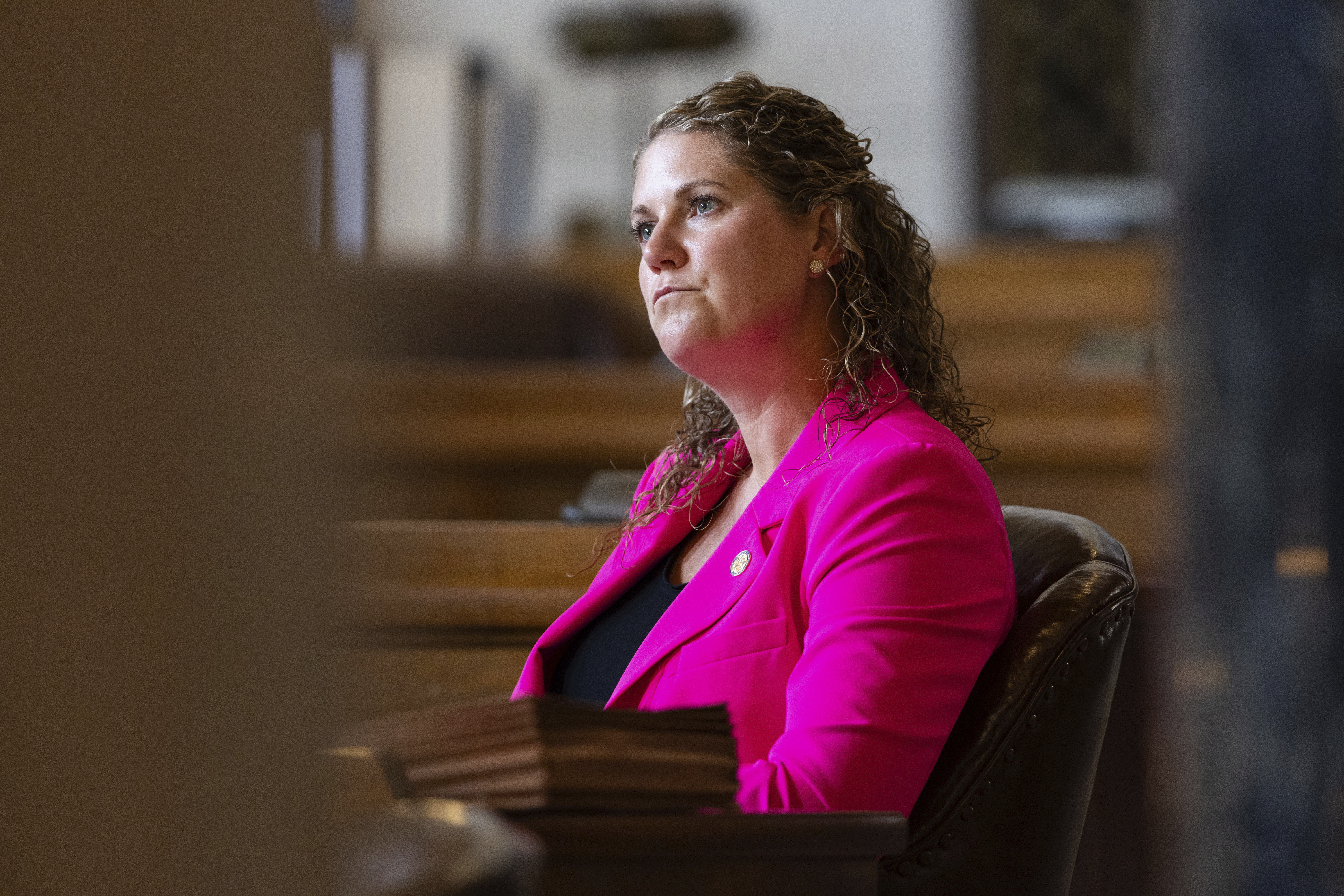 State Sen. Carolyn Bosn sits at her desk on the legislative floor of the Nebraska State Capitol during the 108th Legislature 1st Special Session Thursday, Aug. 8, 2024, in Lincoln, Neb.<br />(Rebecca S. Gratz / AP Photo)