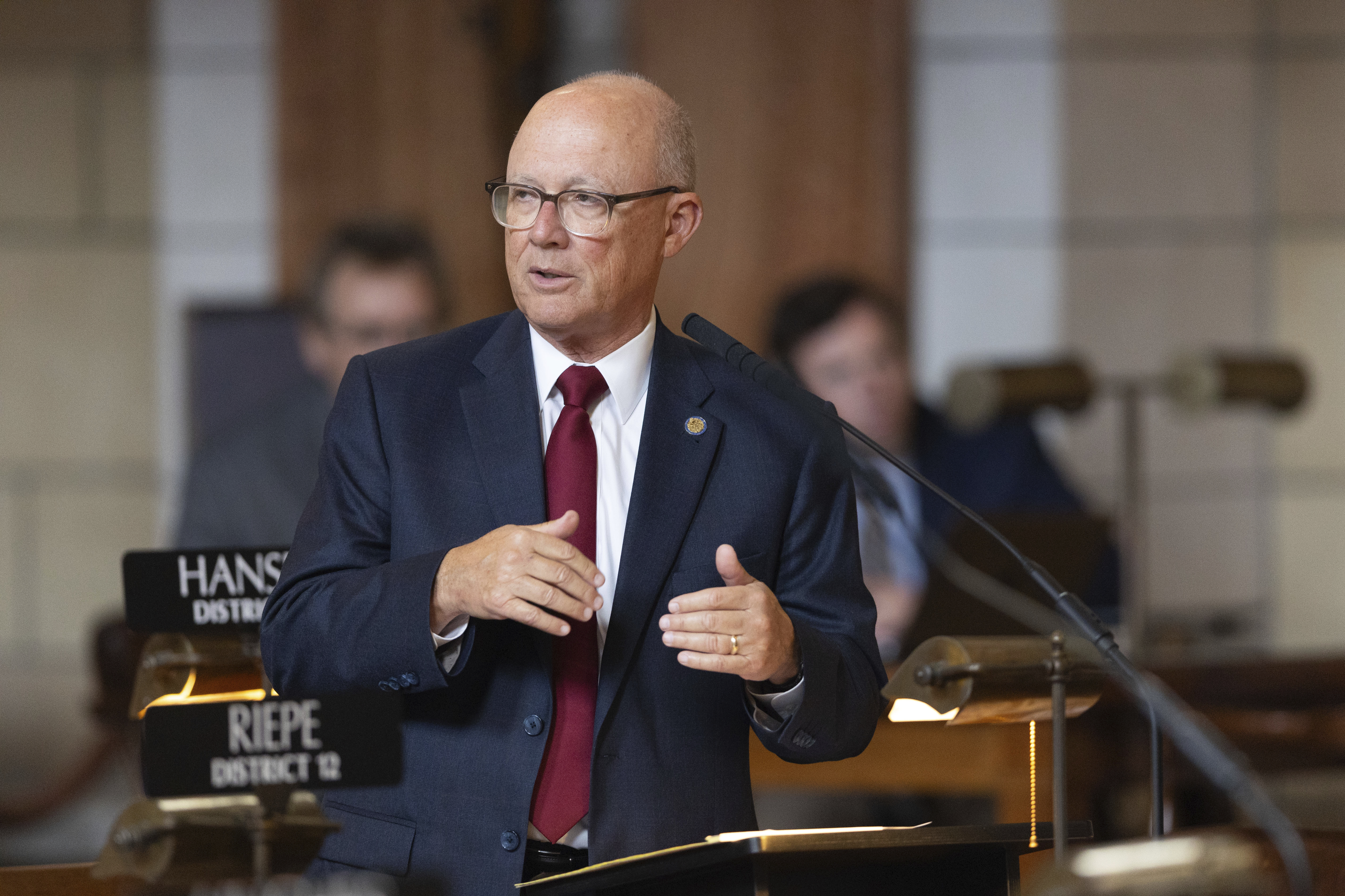 Speaker of the Legislature Sen. John Arch on the legislative floor of the Nebraska State Capitol during the 108th Legislature 1st Special Session Thursday, Aug. 8, 2024, in Lincoln, Neb.<br />(Rebecca S. Gratz / AP Photo)