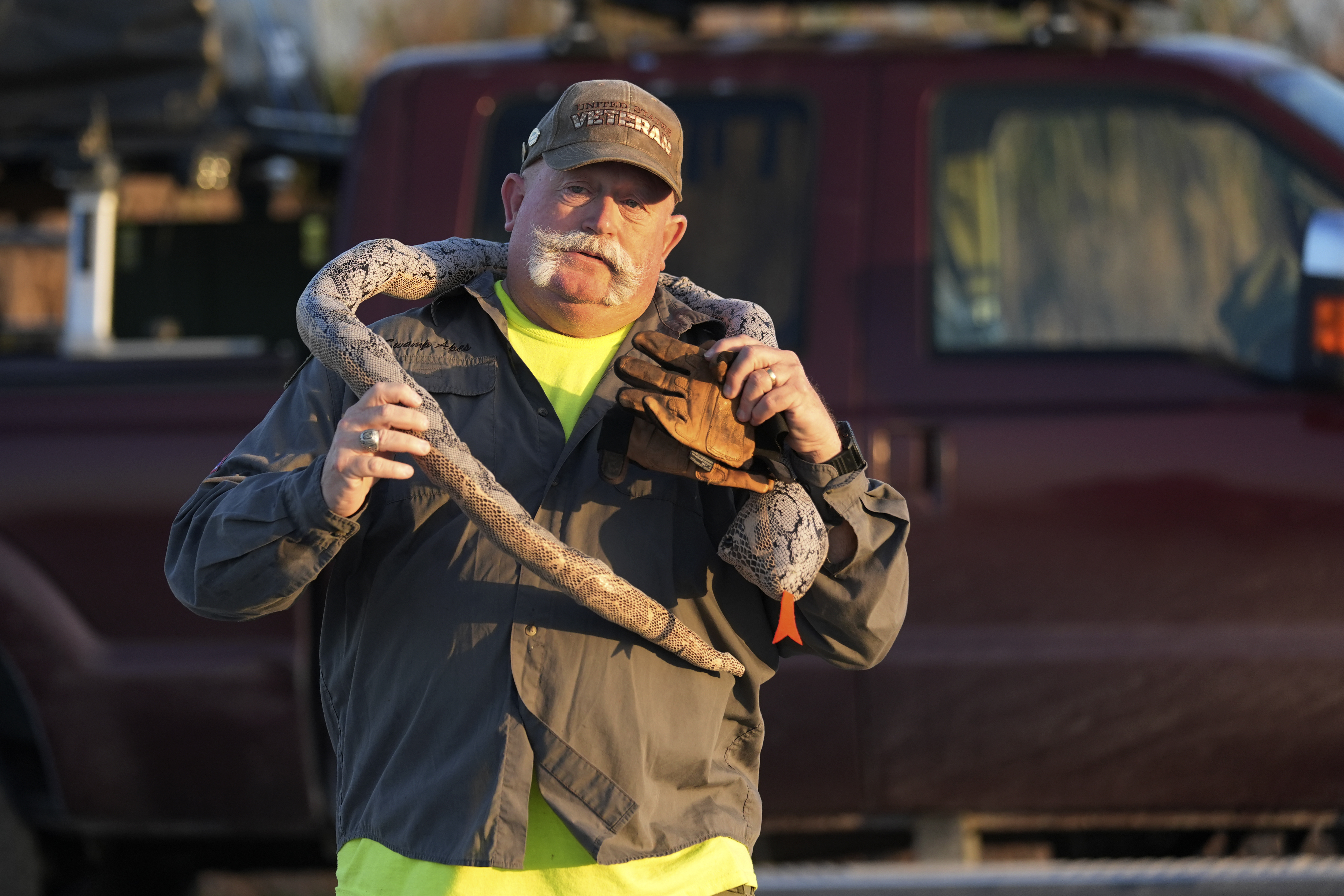 Thomas Aycock, a contractor with the Florida Fish and Wildlife Conservation Commission, brings out a toy snake to show reporters.<br />(Wilfredo Lee / AP Photo)