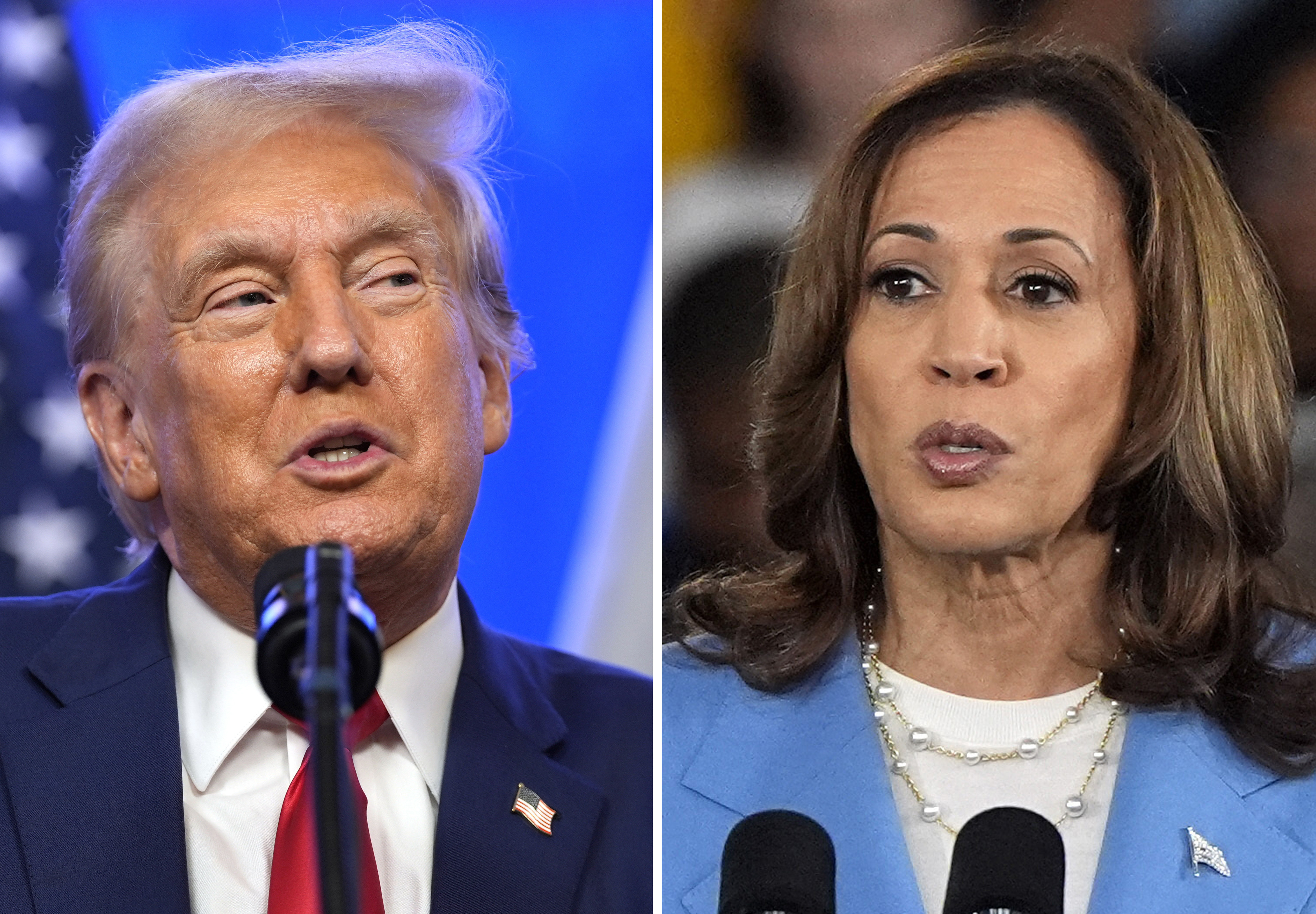 This combination photo shows (left) Republican presidential nominee, former President Donald Trump at an event, Aug. 15, 2024, in Bedminster, N.J. and (right) Democratic presidential nominee, Vice President Kamala Harris at a campaign event in Raleigh, N.C., Aug. 16, 2024.<br />(AP Photo)