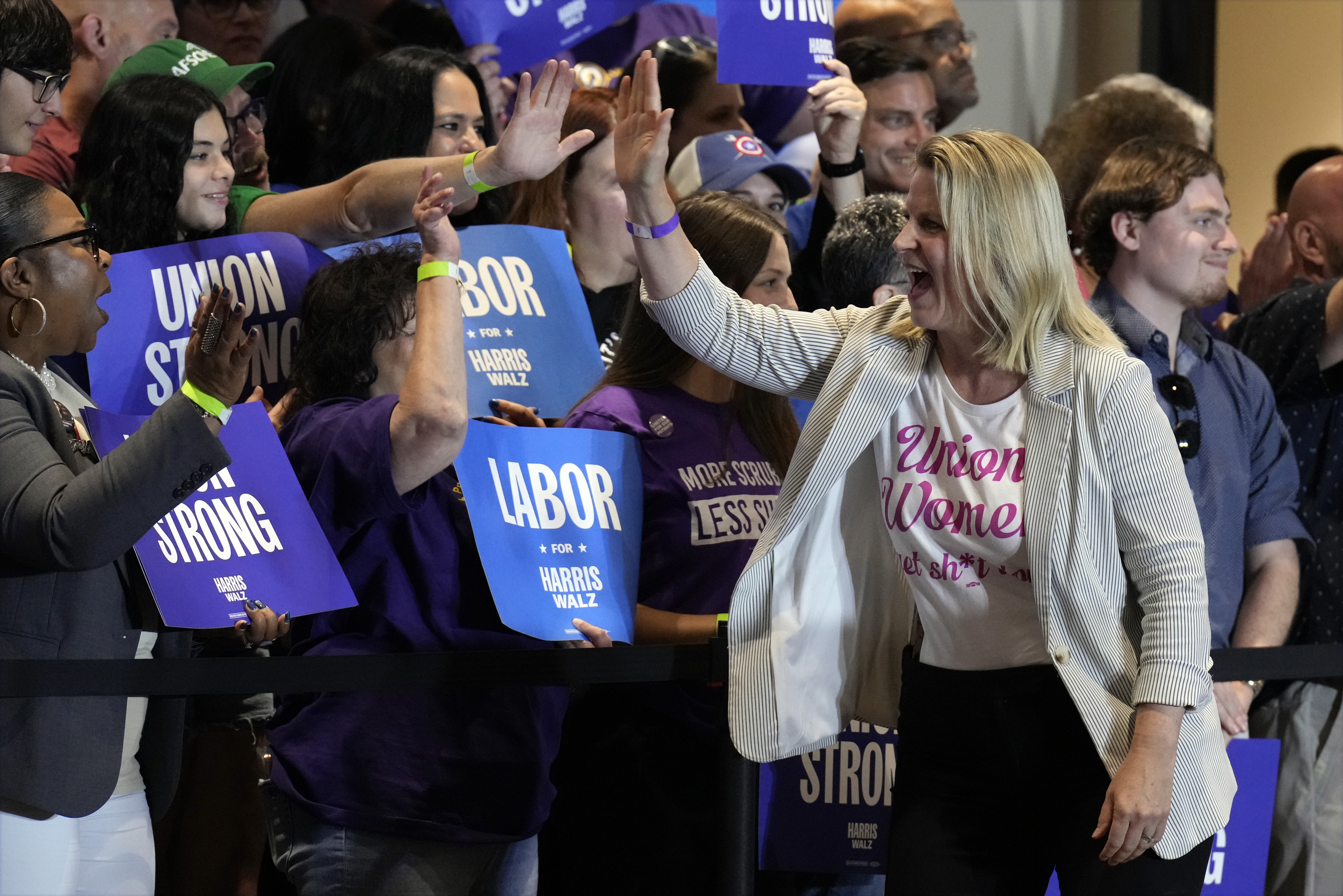 AFL-CIO president Liz Shuler arrives before Democratic presidential nominee Vice President Kamala Harris and President Joe Biden at a campaign event at the IBEW Local Union #5 union hall in Pittsburgh, on Labor Day, Monday, Sept. 2, 2024.<br />(Jacquelyn Martin / AP Photo)