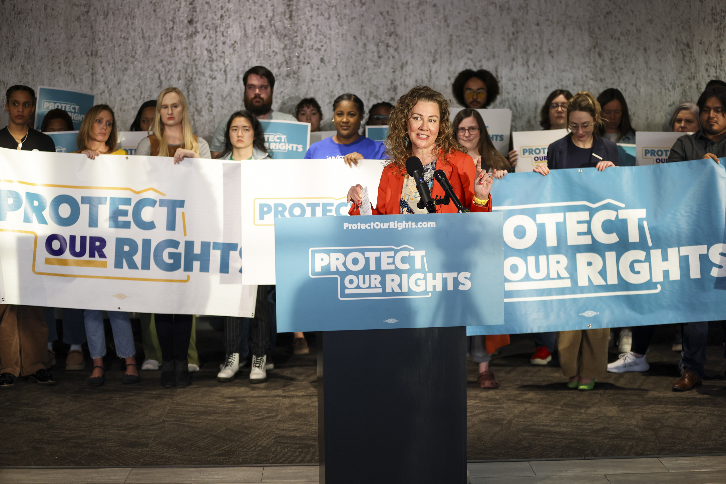 Andi Grubb, Planned Parenthood Advocates of Nebraska, speaks during the Protect Our Rights Abortion Rights Ballot Initiative launch, Thursday, Nov. 16, 2023, in Omaha, Neb.<br />(Nikos Frazier / Omaha World-Herald via AP)