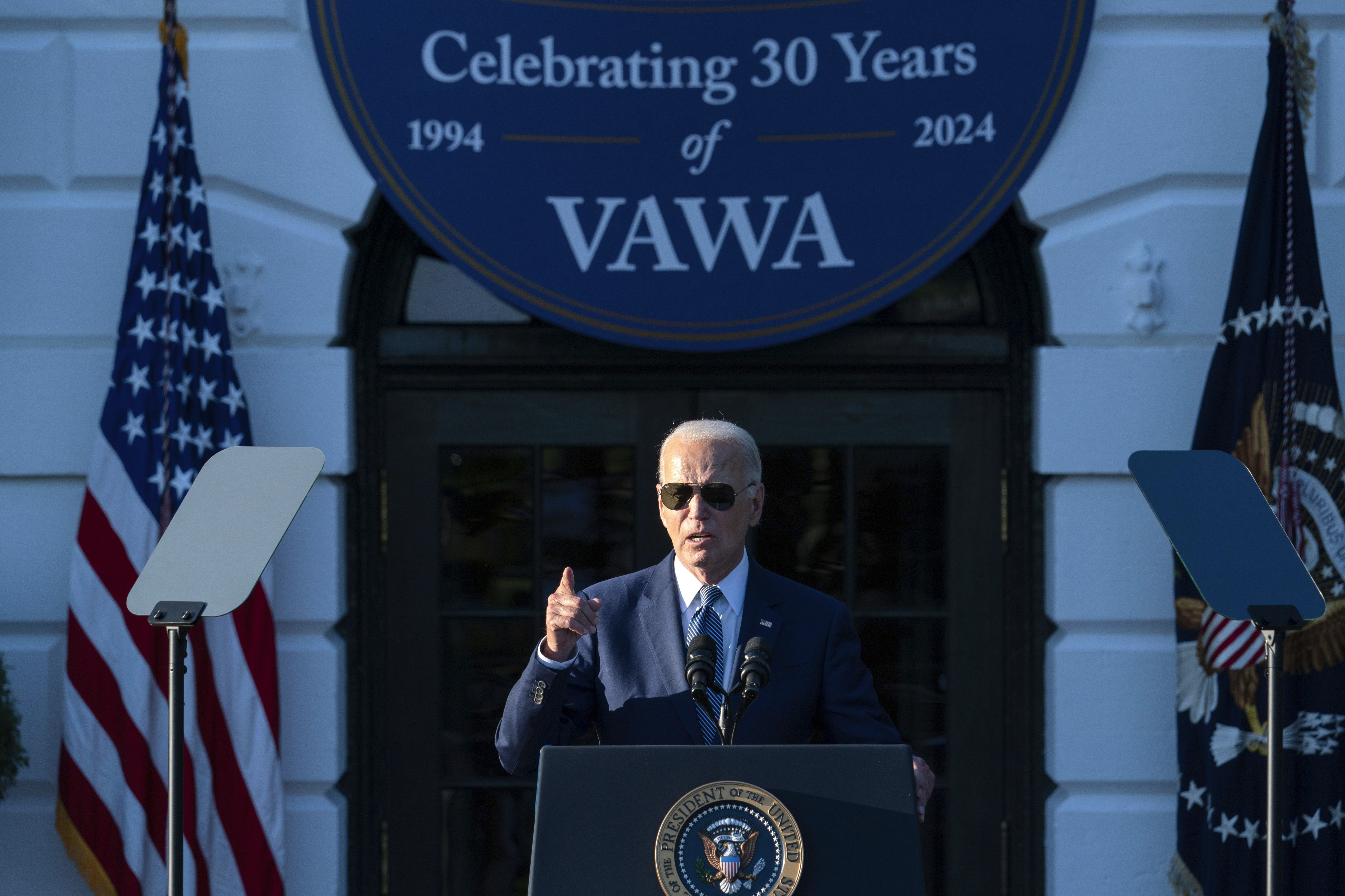 President Joe Biden speaks during the Violence Against Women Act 30th anniversary celebration on the South Lawn of the White House, Thursday, Sept. 12, 2024, in Washington.<br />(Jose Luis Magana / AP Photo)