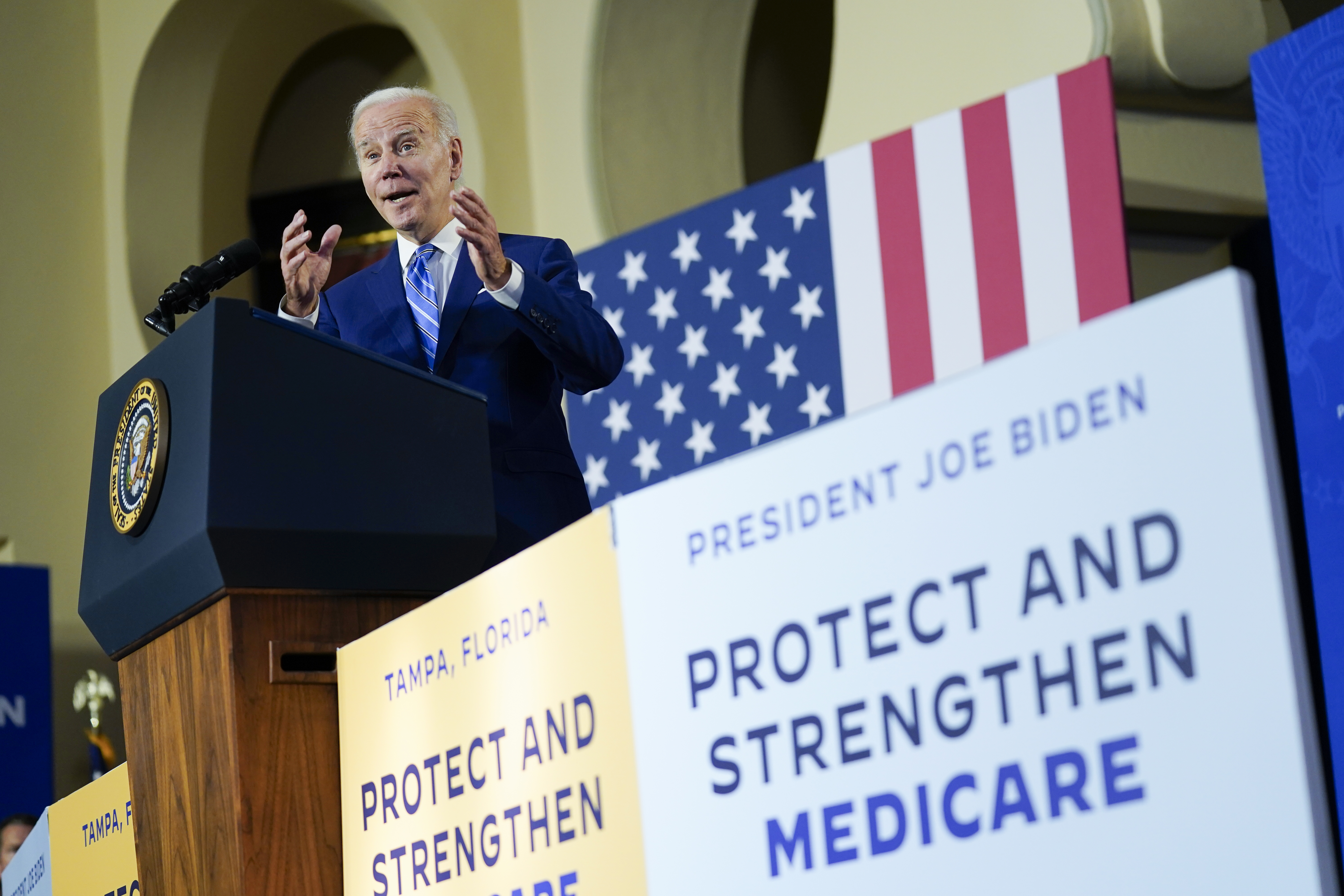 President Joe Biden speaks about his administration&#039;s plans to protect Social Security and Medicare and lower healthcare costs, Feb. 9, 2023, at the University of Tampa in Tampa, Fla.<br /> (Patrick Semansky / AP Photo)
