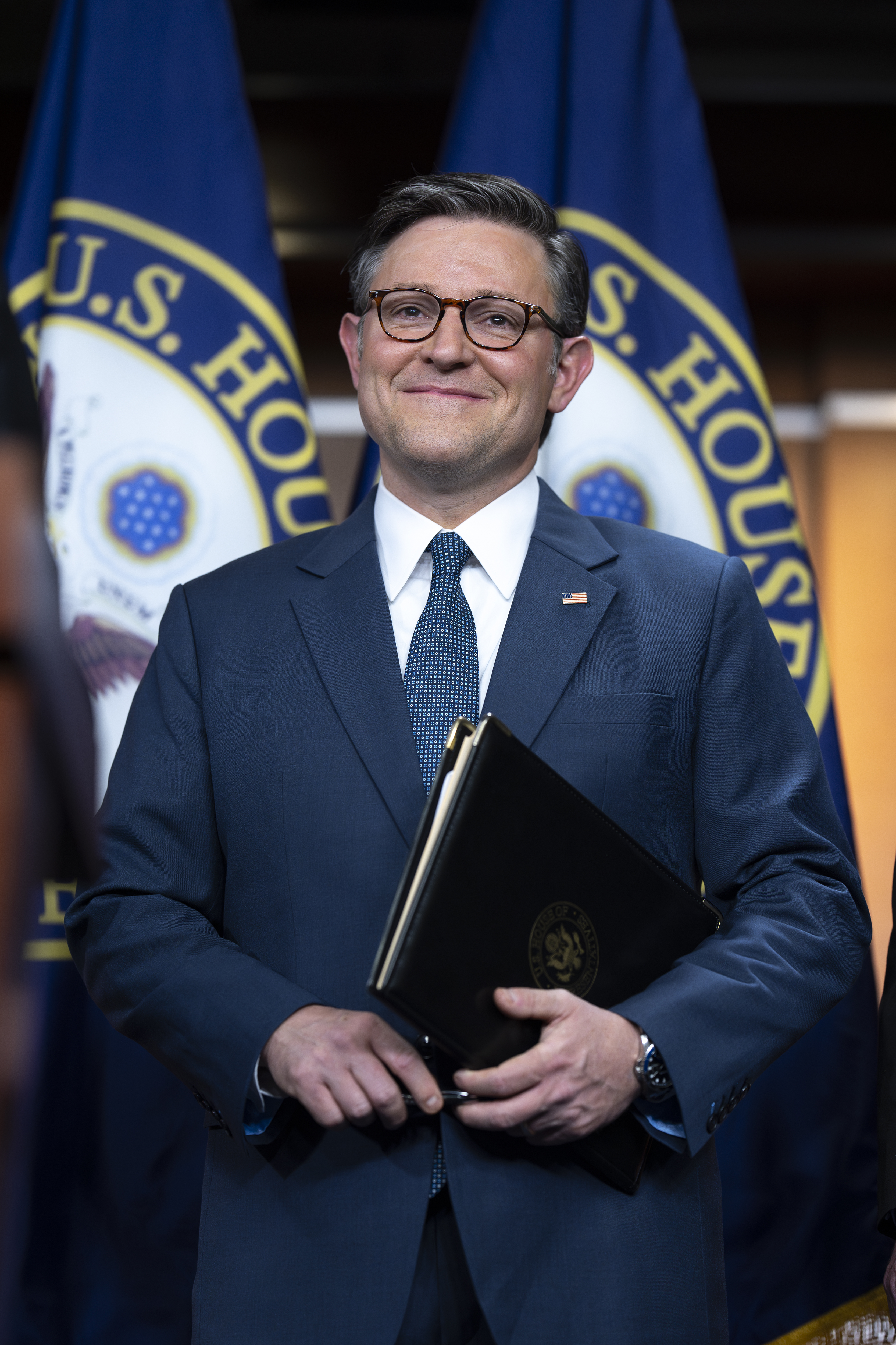 Speaker of the House Mike Johnson, R-La., smiles as he meets with reporters after a closed-door caucus with fellow Republicans, at the Capitol in Washington, Tuesday, Sept. 24, 2024.<br /> (J. Scott Applewhite / AP Photo)