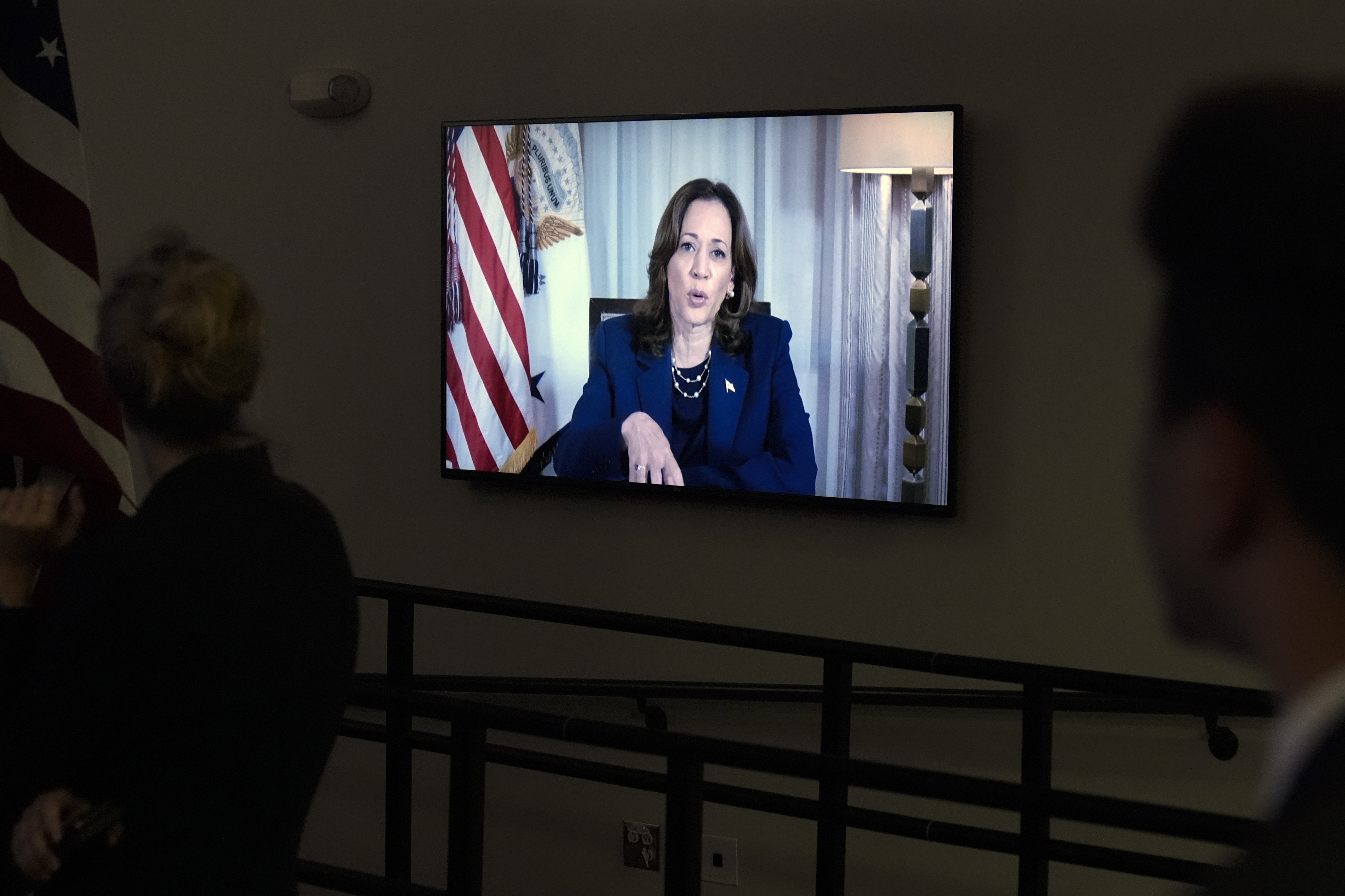 Vice President Kamala Harris speaks virtually, during a briefing with President Joe Biden and Elizabeth Sherwood-Randall, Homeland Security Advisor to the President, not shown, on the preparations for Hurricane Milton and the response to Hurricane Helene in the South Court Auditorium on the White House complex in Washington, Wednesday, Oct. 9, 2024.<br />(Mark Schiefelbein / AP Photo)