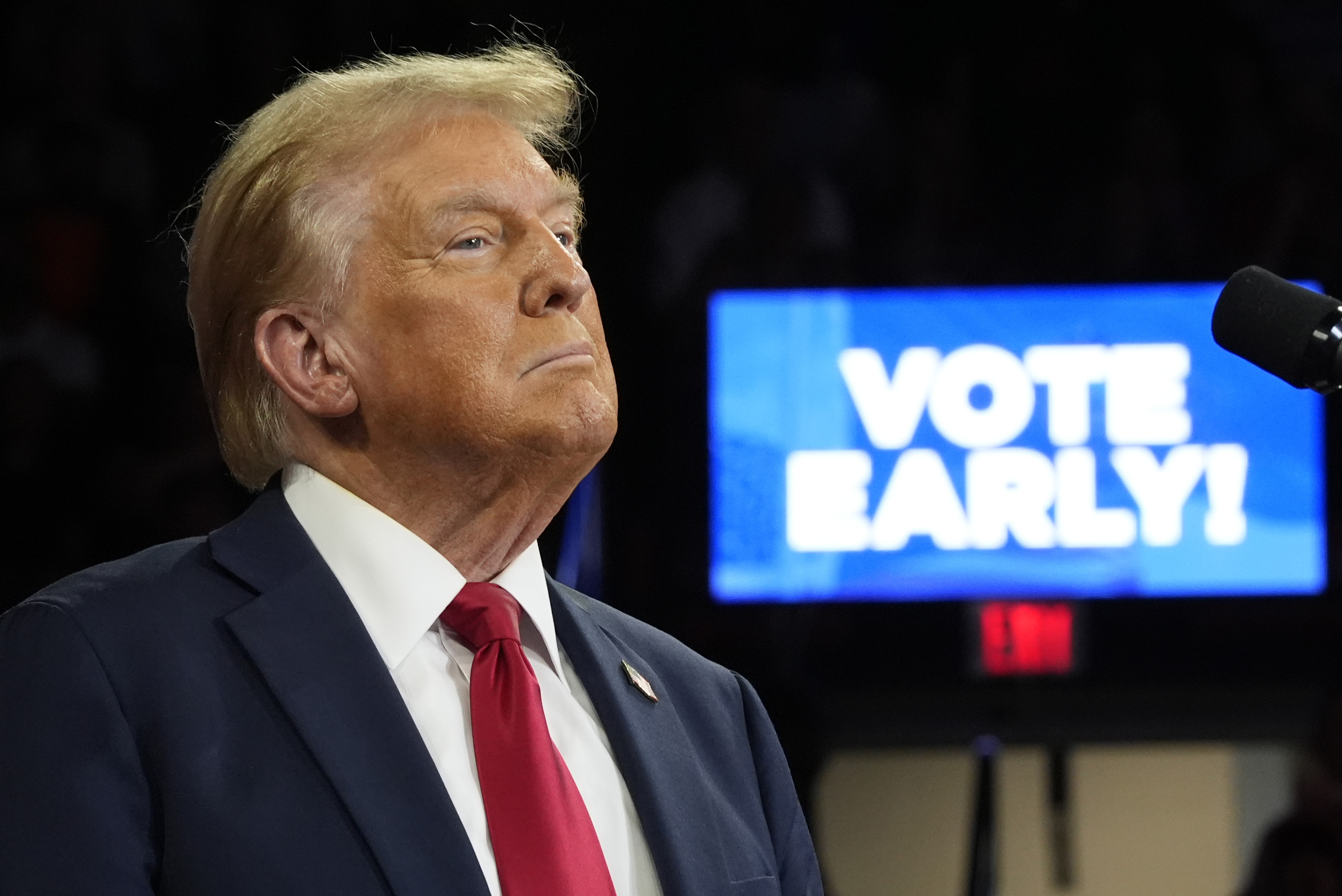 With &quot;Vote Early&quot; displayed on a screen behind, Republican presidential nominee former President Donald Trump speaks at a campaign rally at the Santander Arena, Wednesday, Oct. 9, 2024, in Reading, Pa.<br />(Alex Brandon / AP Photo)