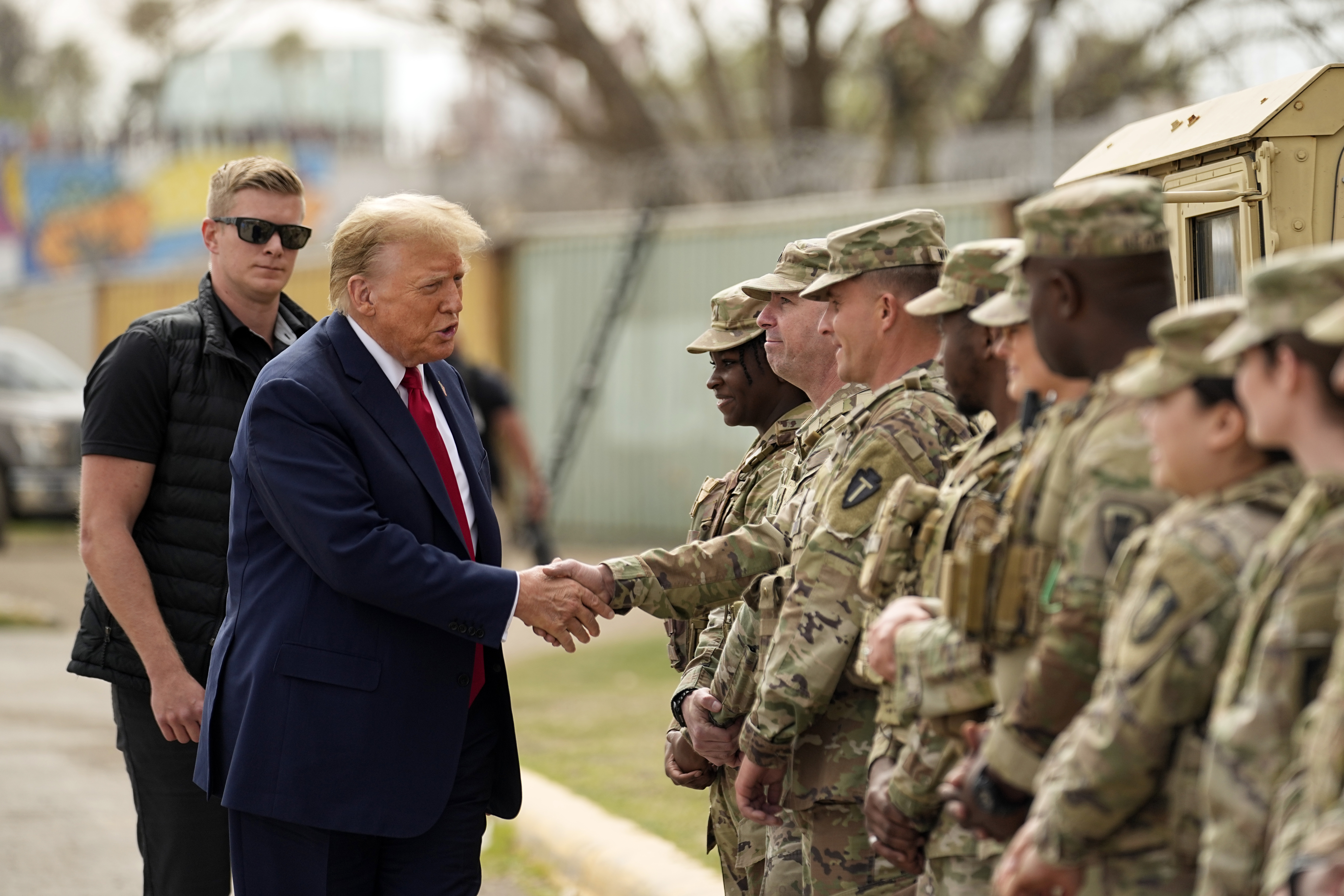 Republican presidential candidate former President Donald Trump greets members of the National Guard on the U.S.-Mexico border, Feb. 29, 2024, in Eagle Pass, Texas.<br />(Eric Gay / AP Photo)