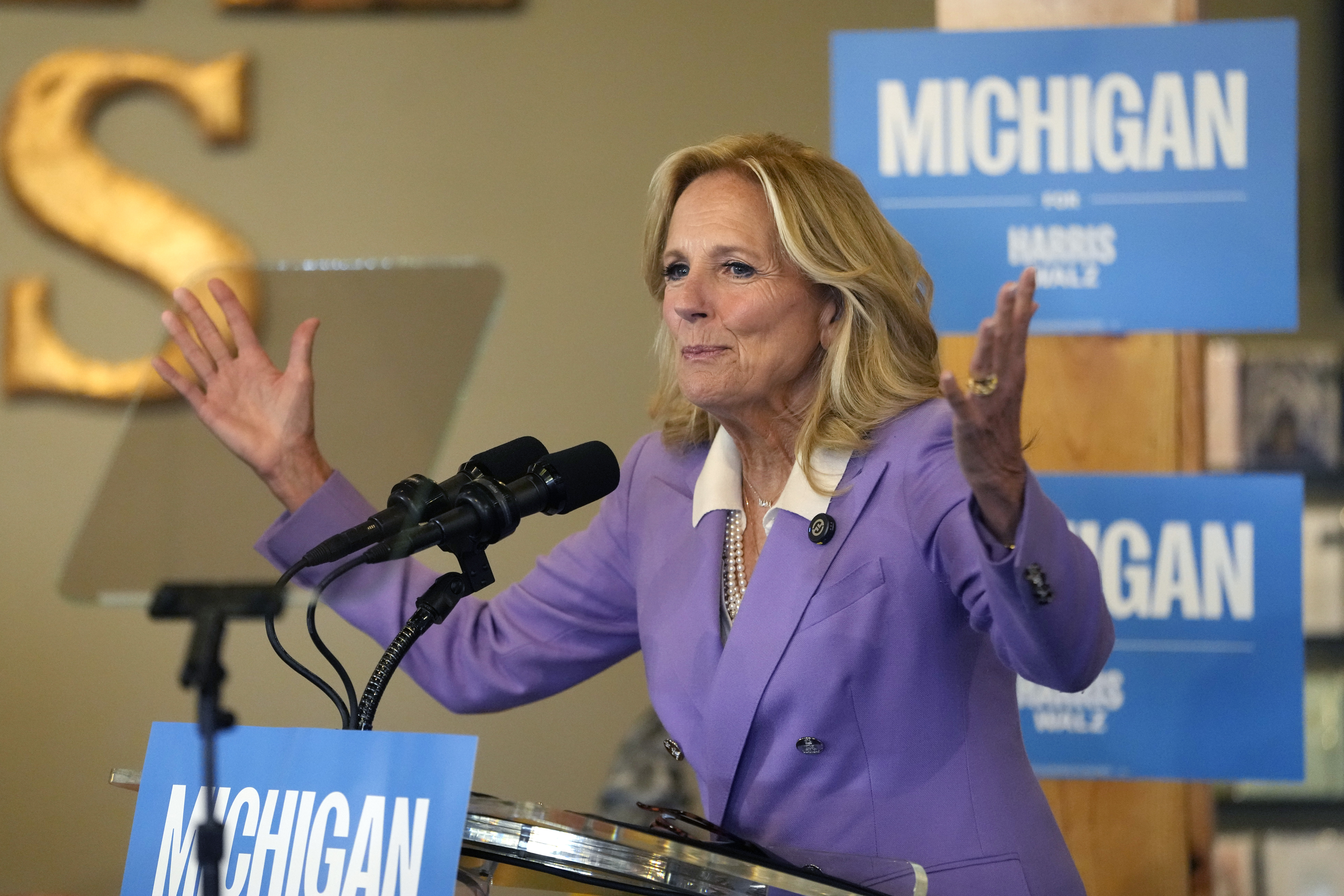 First lady Jill Biden speaks during a campaign event, Monday, Oct. 14, 2024, in Clawson, Mich.<br />(Carlos Osorio / AP Photo)