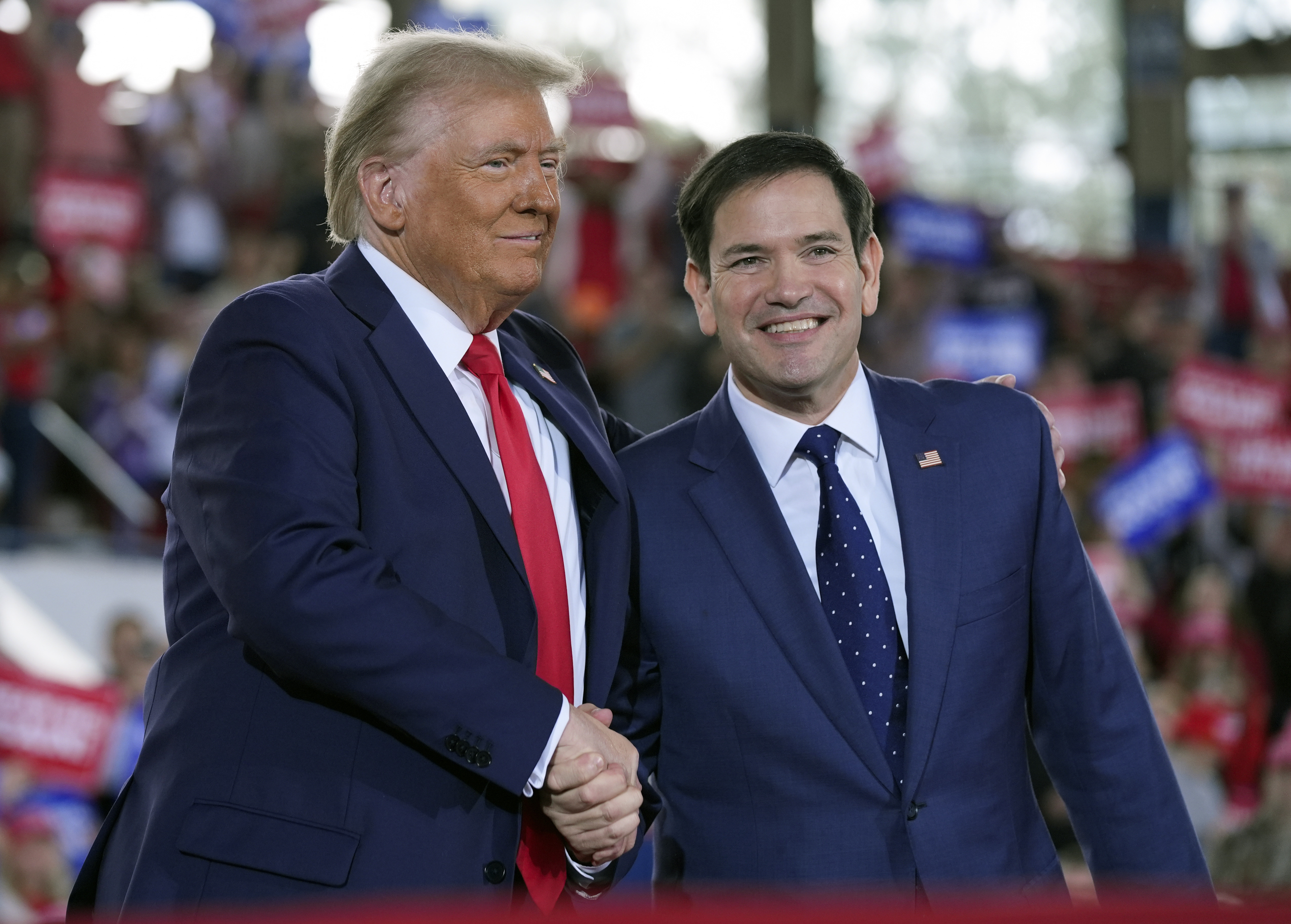 Republican president-elect Donald Trump greets Sen. Marco Rubio, R-Fla., during a campaign rally at J.S. Dorton Arena, Nov. 4, 2024, in Raleigh, N.C.<br />(Evan Vucci / AP Photo)