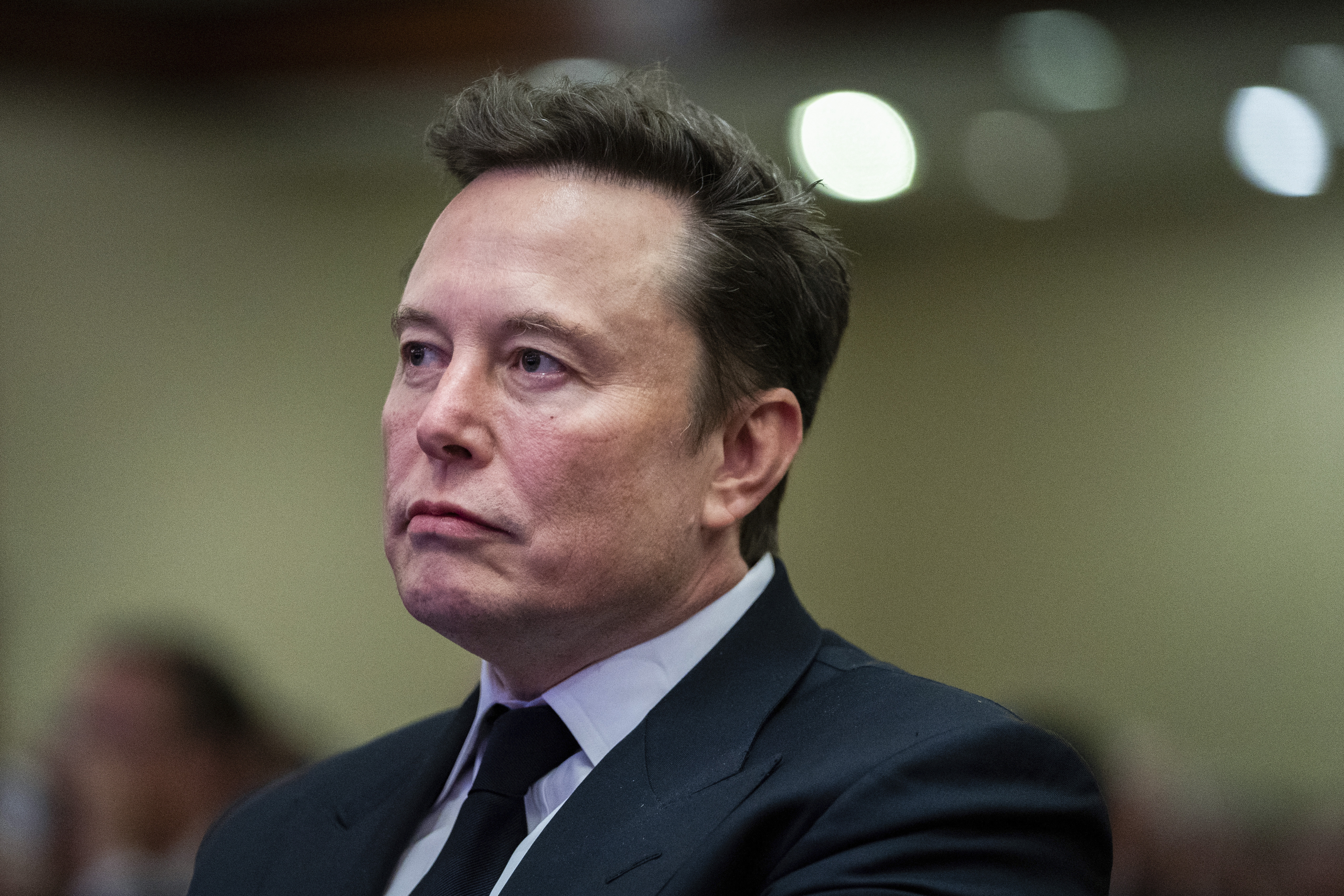 Elon Musk listens as President-elect Donald Trump speaks during a meeting with the House GOP conference, Wednesday, Nov. 13, 2024, in Washington.<br />(Allison Robbert / Via AP)
