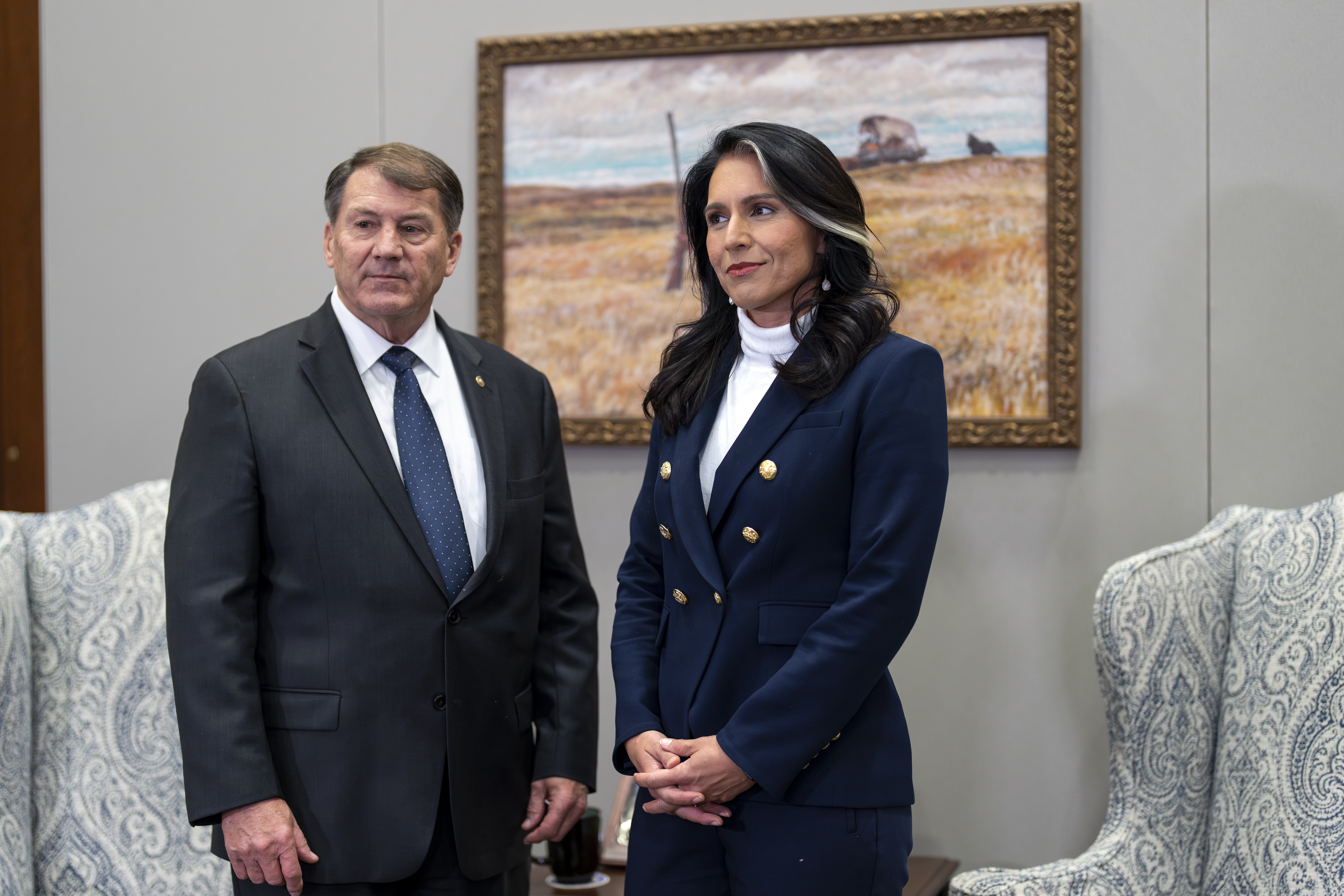 Tulsi Gabbard, President-elect Donald Trump&#039;s nominee to be director of National Intelligence, (right) meets with Sen. Mike Rounds, R-S.D., a member of the Senate Intelligence Committee, at the Capitol in Washington, Monday, Dec. 9, 2024.<br />(J. Scott Applewhite / AP Photo)