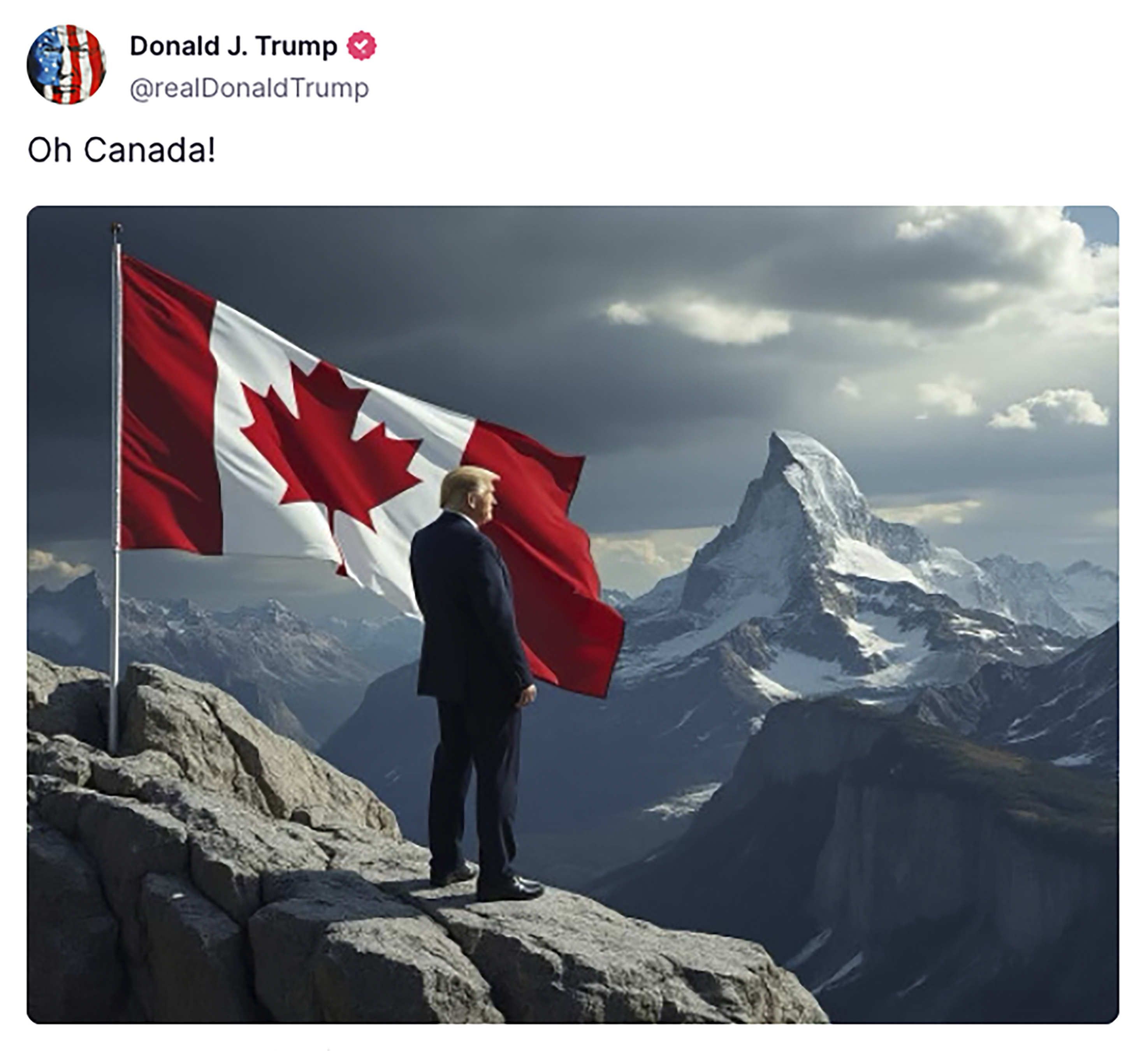 This screenshot from Donald Trump&#039;s Truth Social account shows am image of President-elect Donald Trump standing beside a Canadian flag.<br /> (Truth Social via AP)