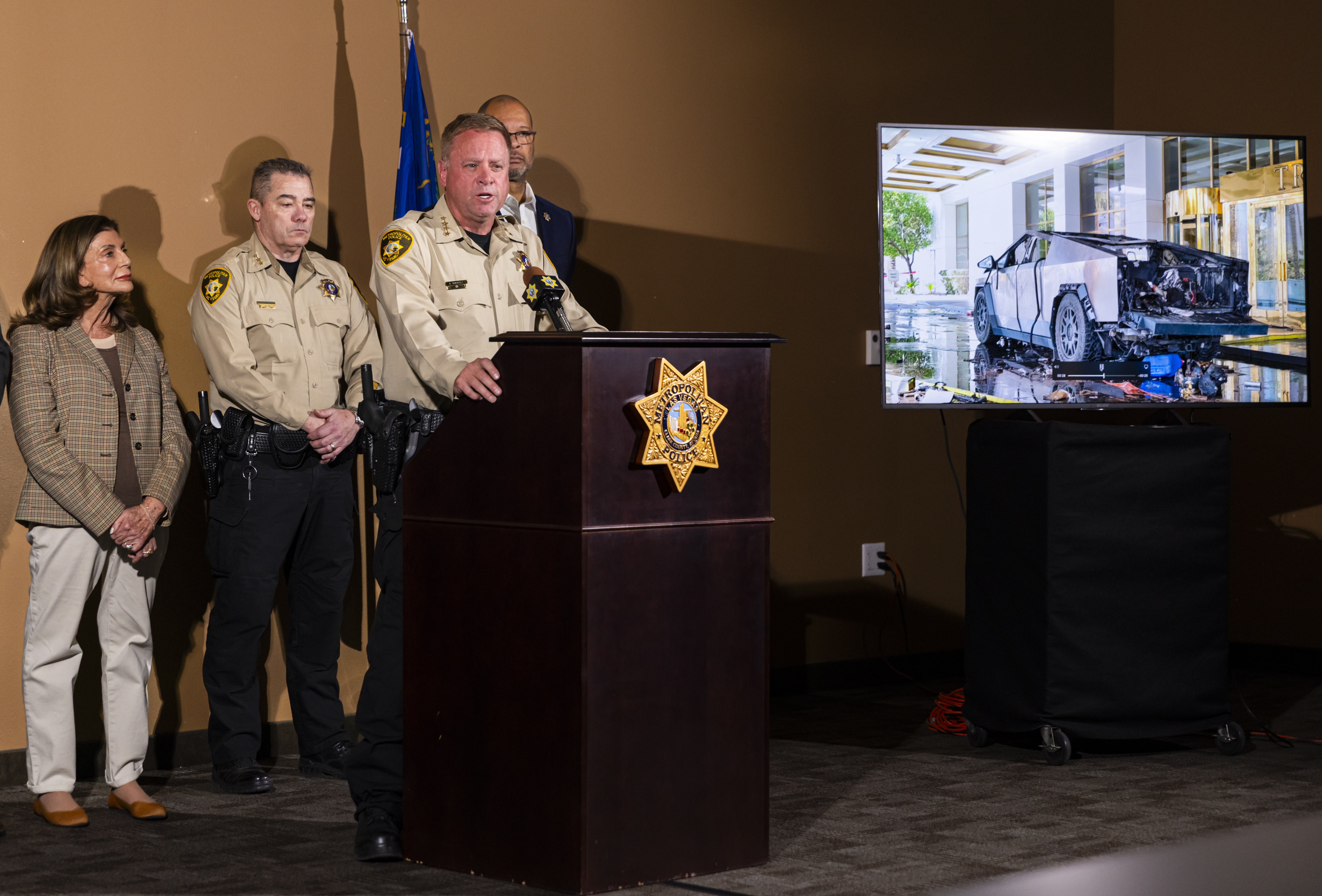 Clark County Sheriff Kevin McMahill briefs the media about the Tesla Cybertruck which exploded in front of the entrance to Trump International Hotel in Las Vegas Wednesday, Jan. 1, 2025, in Las Vegas.<br />(Chase Stevens / Las Vegas Review-Journal via AP)