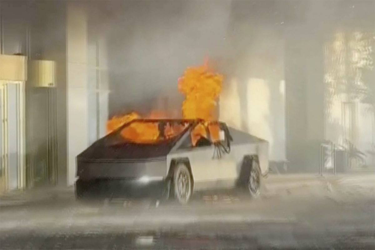 This image provided by Alcides Antunes shows a Tesla Cybertruck that exploded outside President-elect Donald Trump&#039;s Las Vegas hotel early Wednesday, Jan. 1, 2025.<br />(Alcides Antunes via AP)